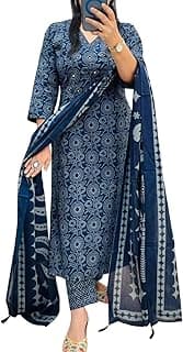 Rangnavi Women's Pure Cotton Printed Straight Kurta with Pants and Dupatta Set | Ethnic Set | Suit Set | Kurta Set