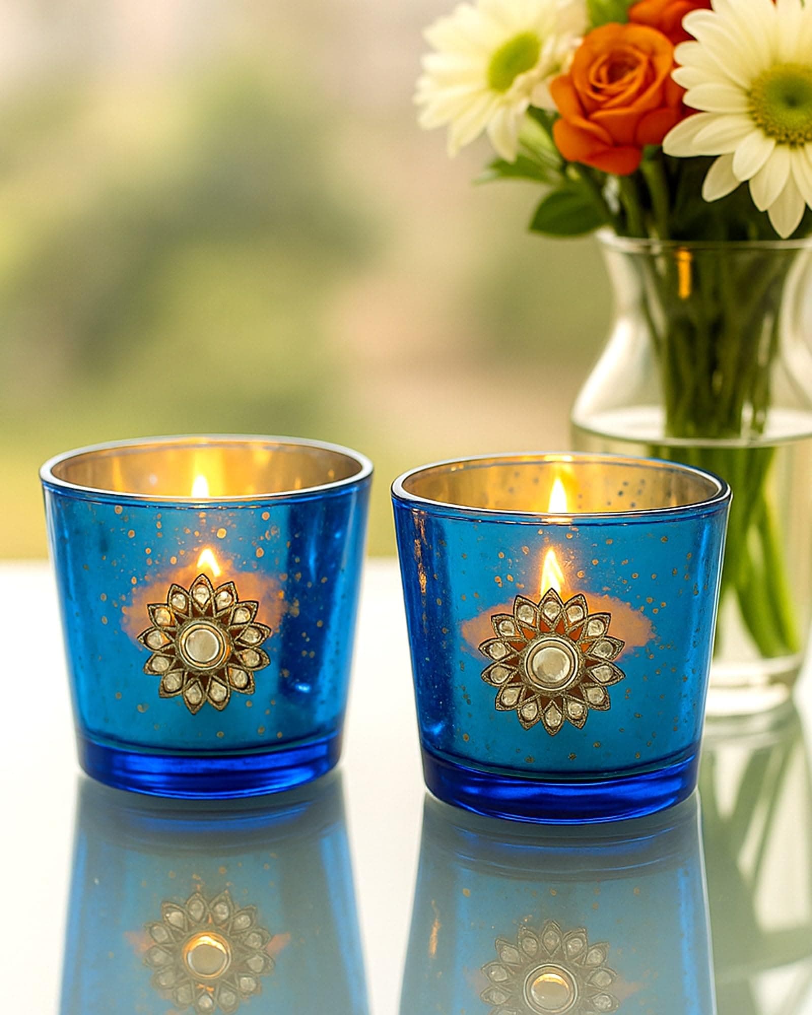 Homesake® Silver Glass Votive with Jewel Brooch (Set of 2) Blue