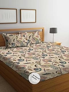 DECOMIZER 300 TC Cotton Feel Glace Cotton Elastic Fitted Printed King Size Double Bed Bedsheet with 2 Pillow Coverm Fits Upto 8 inches Mattress,Size- 72x78x10 Inches,Beige Anokhi