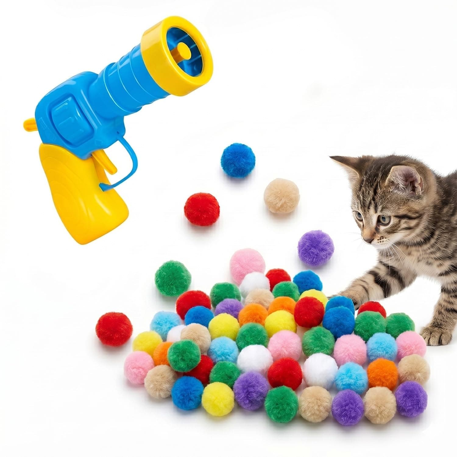 Pawbabas Cat Ball Launcher | Launcher with Soft Plush Balls Silent Smart Play Toy Shooting Toy Funny Interactive Cat Toys for Indoor Training Exercise Playing (100 Balls with Shooter)
