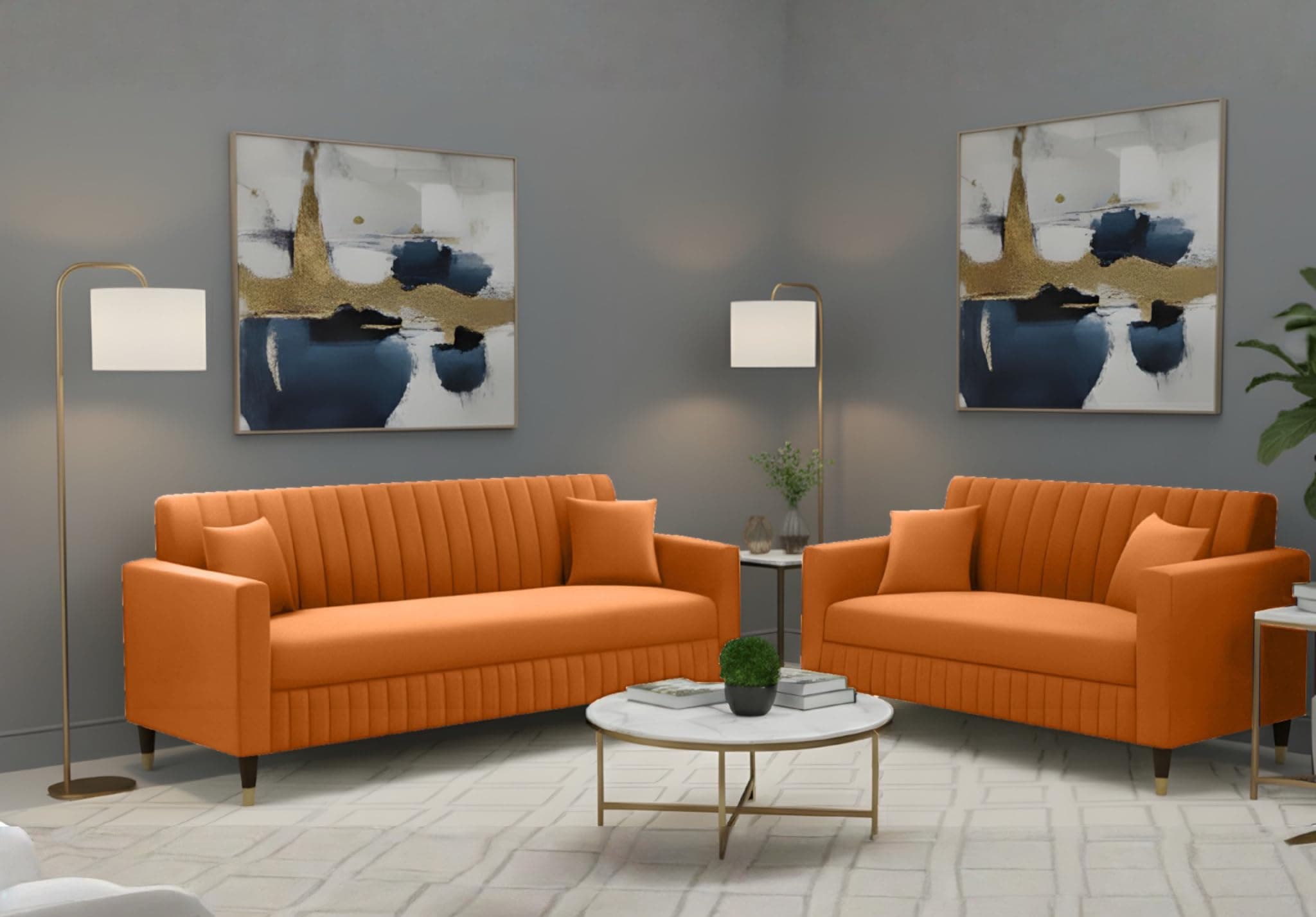 AMATA Omega 3+2 Seater Orange Suede Velvet Fabric Sofa Set with Two Cushions Perfect for Home Office Guests Living Room (06 Orange, Omega 3+2 Seater Sofa)(3 Year Warranty)