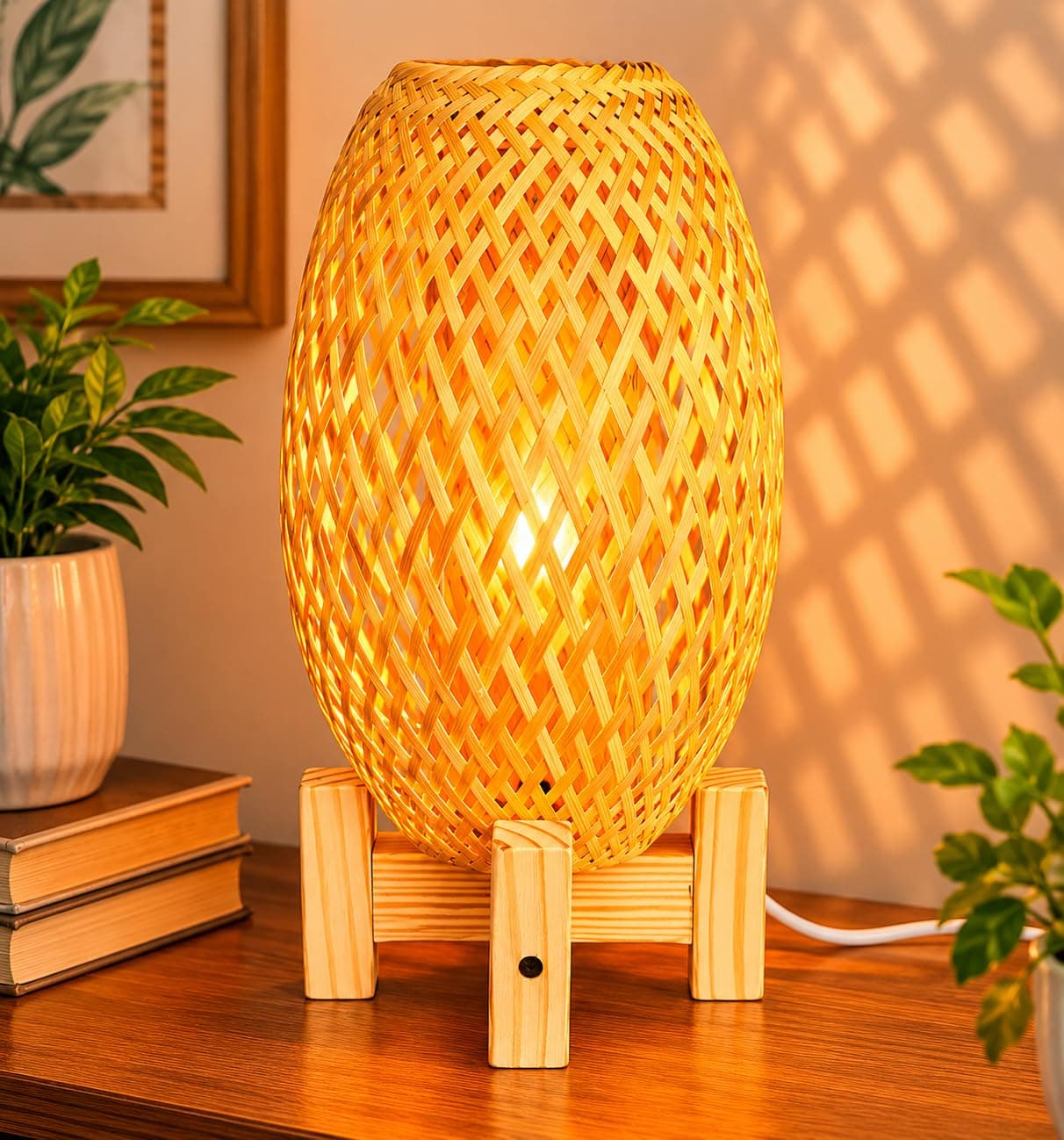 ROYAL 11 ART & CRAFT Handmade Bamboo Table Lamp for Bedroom & Living Room | Natural Cane Decorative Bedside Night Lamp with Wooden Stand & LED Bulb | Boho Home Decor Light (38 x 20 cm)