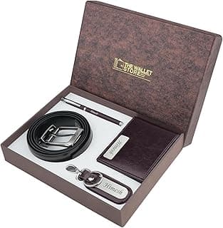 The Wallet Store Personalised Leather Gift Set for Men | Wallet, Reversible Belt, Engraved Pen & Keychain Combo with Name | Premium Gift Box for Birthday & Corporate Gifts (PN03-KC14-BT01-WL15-BRN)