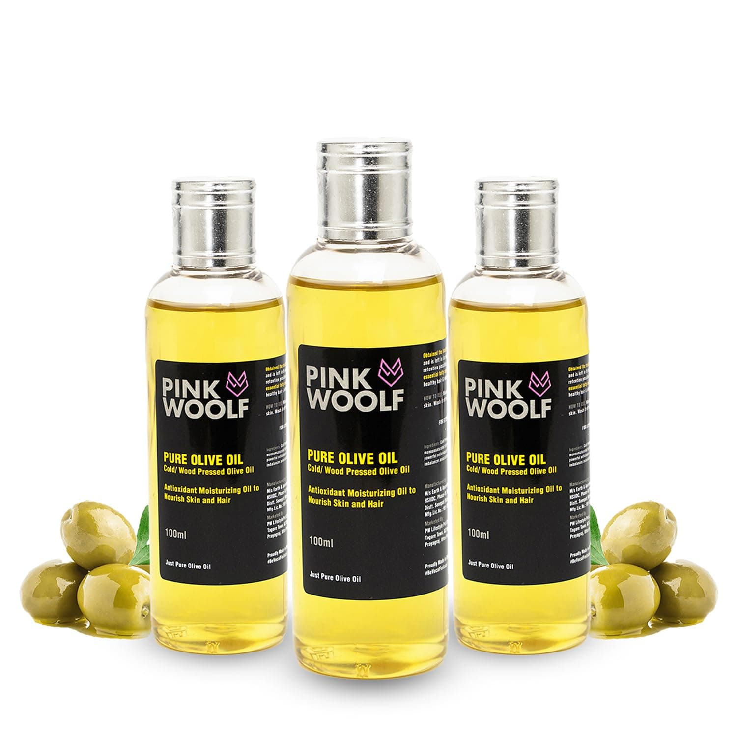 Pink Woolf Olive Oil for Hair & Skin | Light & Quick-Absorbing | Ideal for Body Massage | 3 Bottle Pack