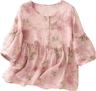 RIEKA Women’s Casual Floral Print Blouse in Soft Pink with Green Leaf Pattern Round Neck Button Front Flowy Peplum Style Top