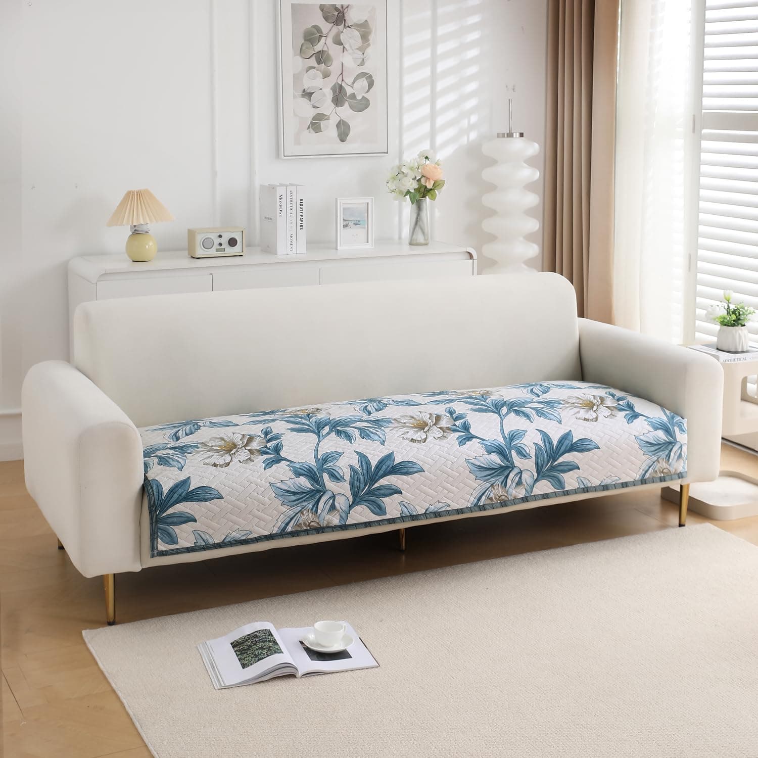 HOKIPO 'HomeHues Series' Printed Quilted 1 Seater Sofa Cover Seat Mat, Celadon Blue Camellia (IN-806-D8*1)