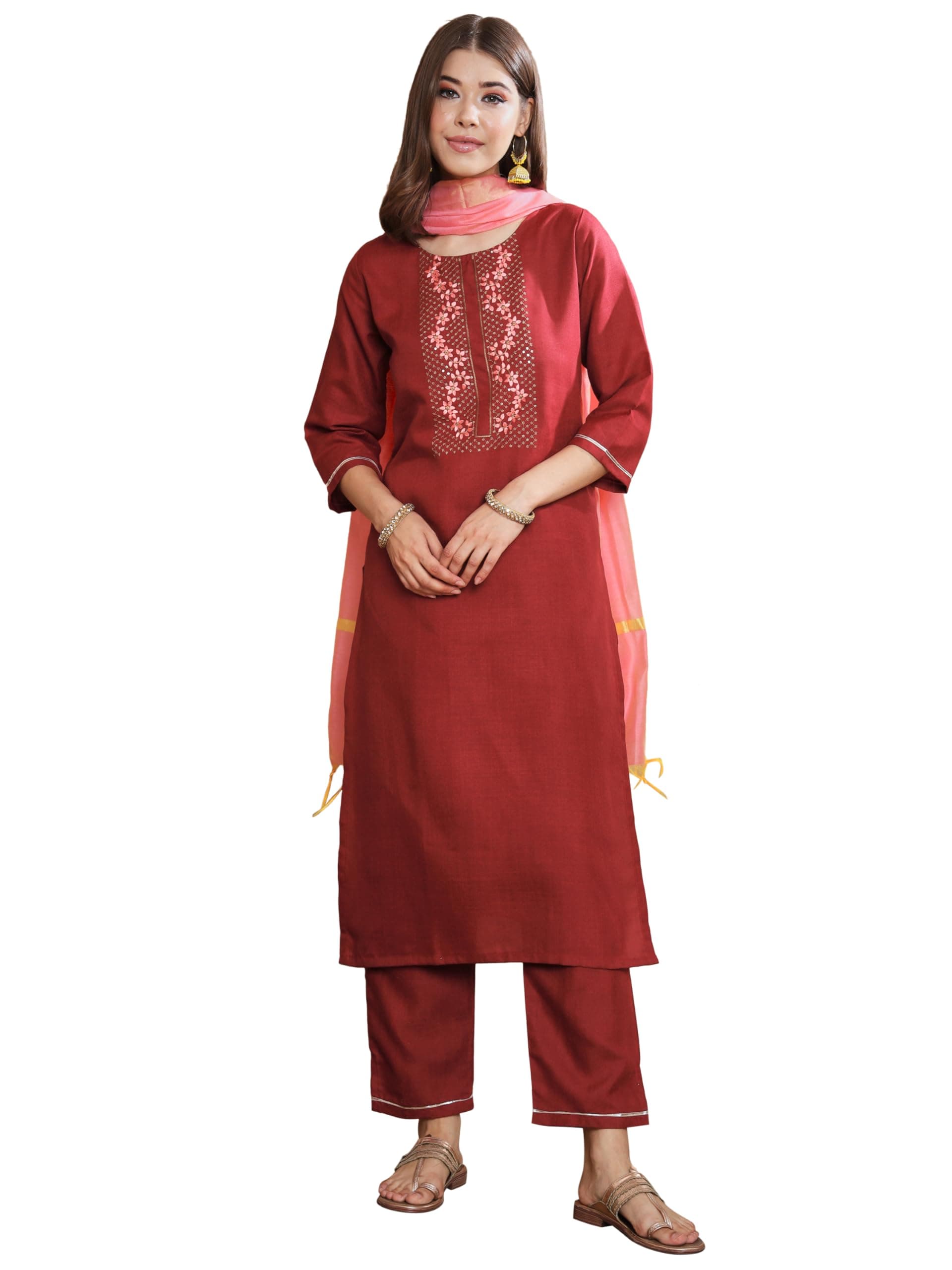 VredeVogel Women's Cotton Blend Embroidered Kurta with Pant & Chanderi Silk Dupatta Set