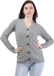 Kalt Women Full Sleeves Cable Button Acrylic V-Neck Sweater