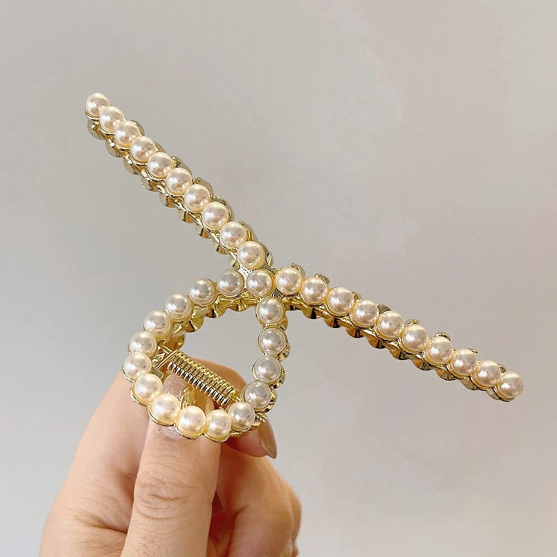 ANNACREATIONS Golden Large Metal Pearl Hair Clutcher hair Claw Hair Accessories For Women Girls (Pack Of 1) Large