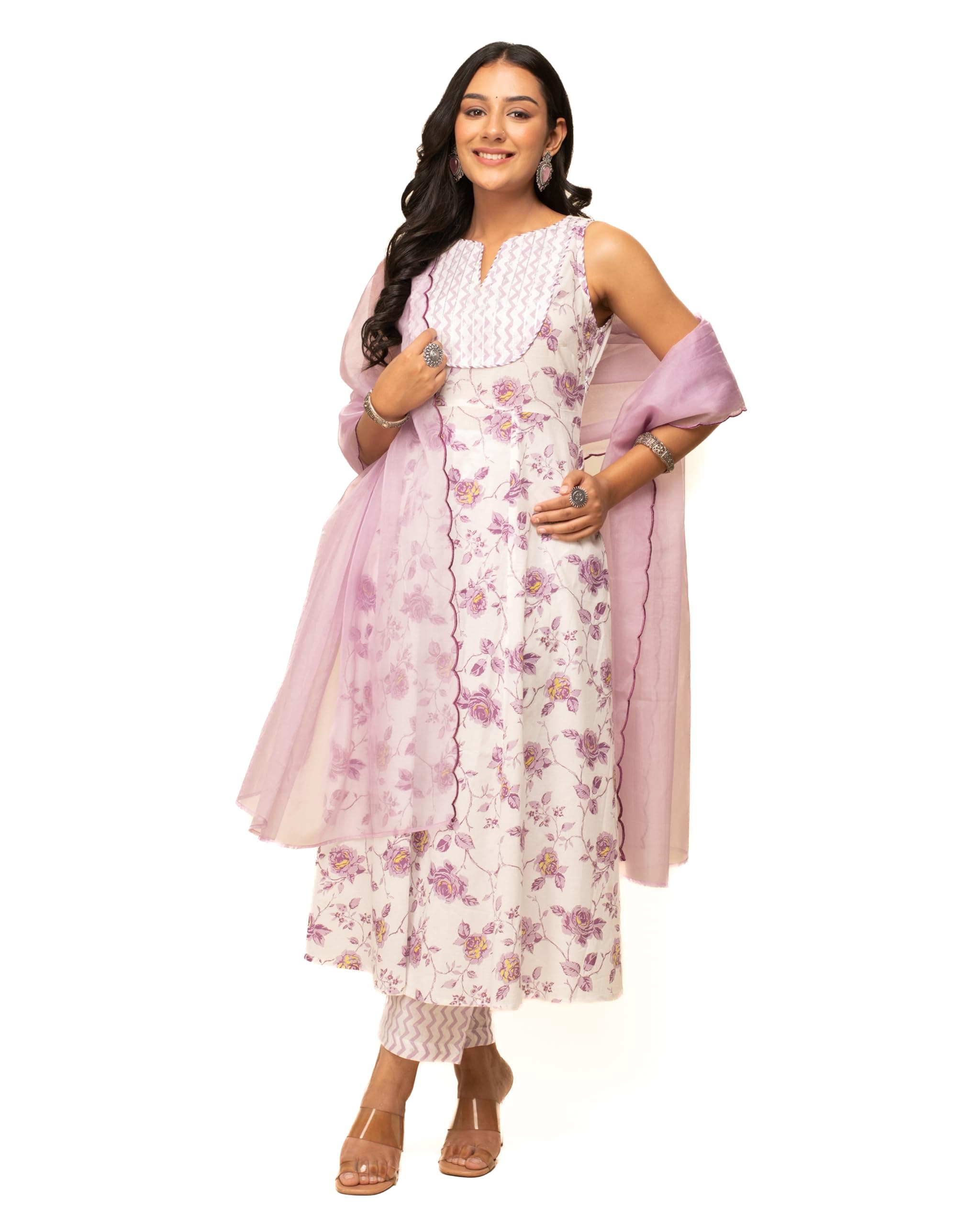 FIORRA Women's White Cotton A-line Kurta with Pant and Dupatta