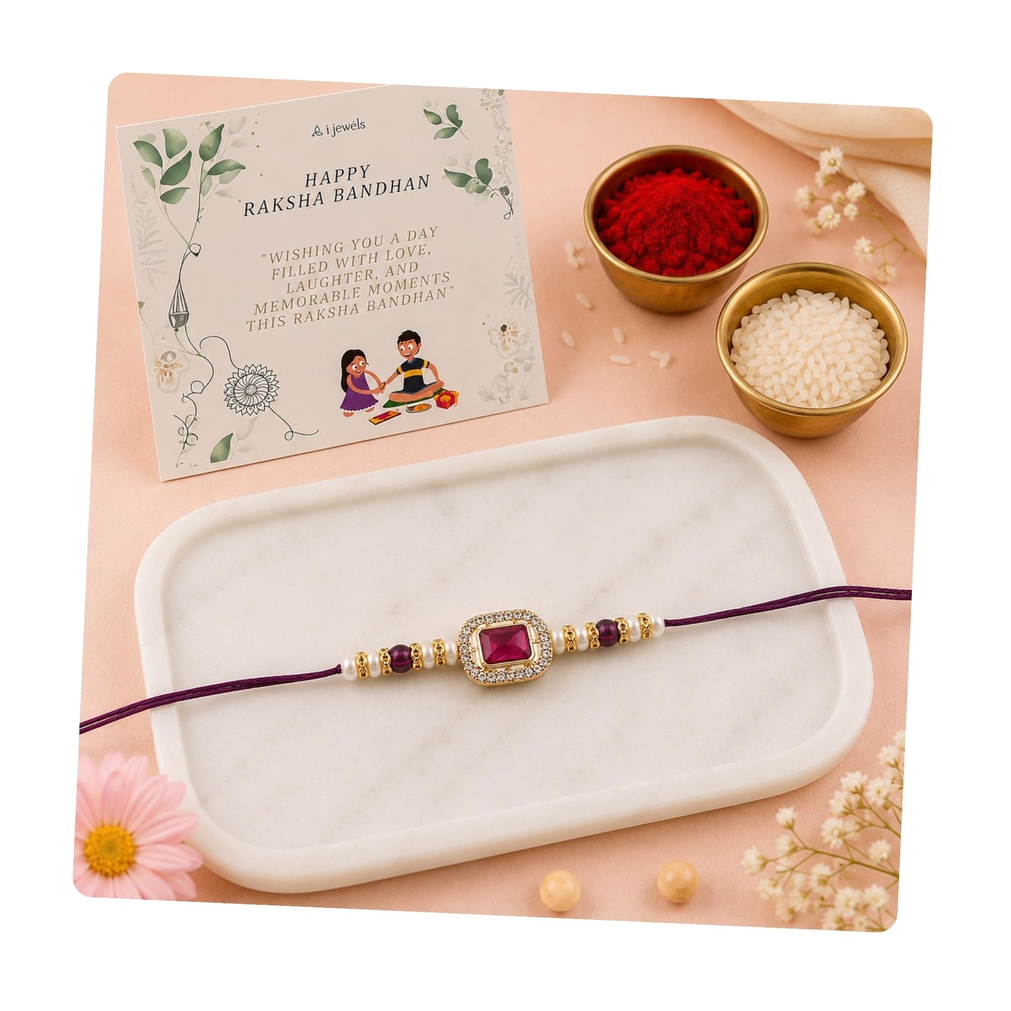 I Jewels Designer Kundan Pearl Bhaiya Rakhi With Roli Chawal & Rakshabandhan Card for Brother/Bro/Bhai/Men