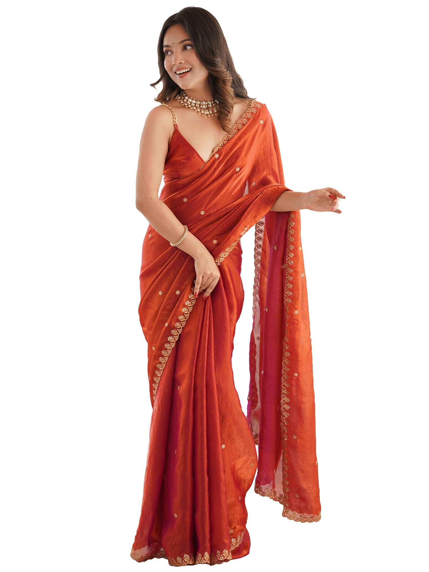 AKHILAM Women's Shimmer Tissue Embroidered Saree With Unstitched Blouse Piece