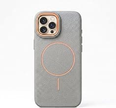 amazon basics Luxury MagSafe Compatible Leather Texture Back Cover for iPhone 14 Pro | Raised Camera Protection | Slim Fit Shockproof Case with Metallic Accents (Gray)