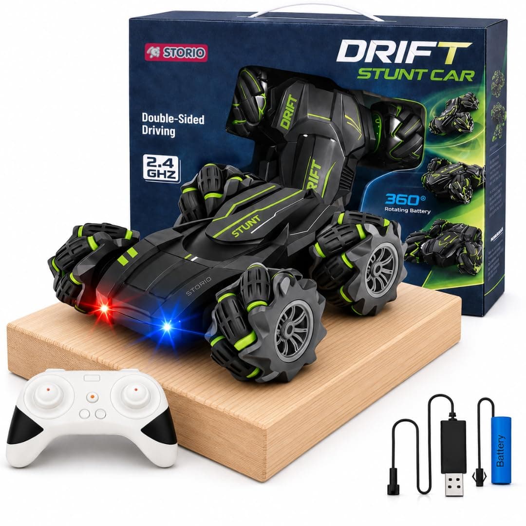 Storio Remote Control Car Toy for Kids | RC Car 4x4 High Speed Stunt Car with 360° Rotation & Double Sided Drive | Rechargeable Drift Remote Car for Boys 7–14 Years | Multicolour