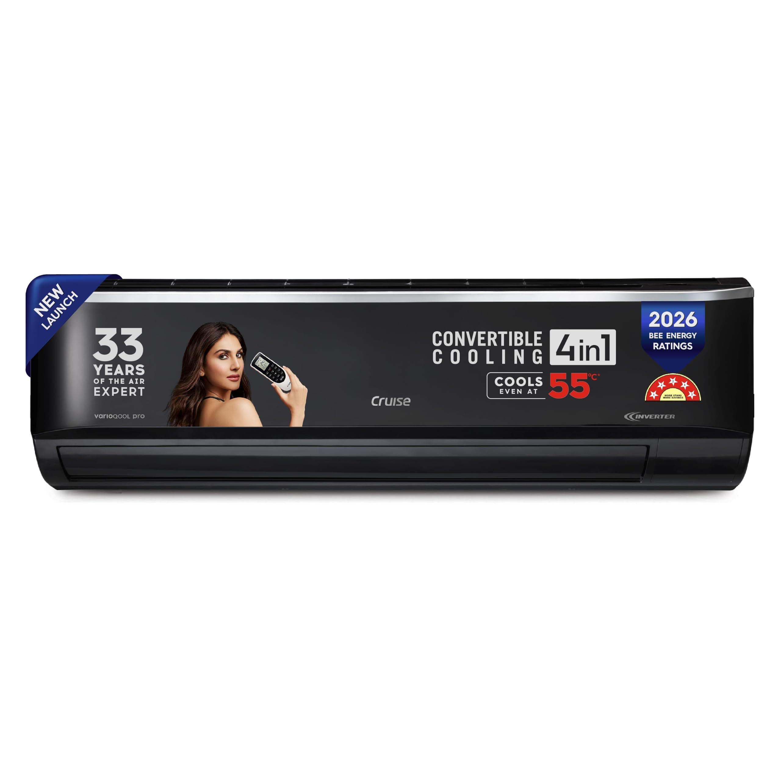 Cruise 1.5 Ton 5 Star, New star rated, Black Inverter Split AC (Copper, Convertible 4-in-1, 4-Way Swing, Cooling at 55 °C, PM 2.5 Filter, Energy Saving, Anti-Rust Tech, CWCVBM-VP3F185BL, Piano Black)