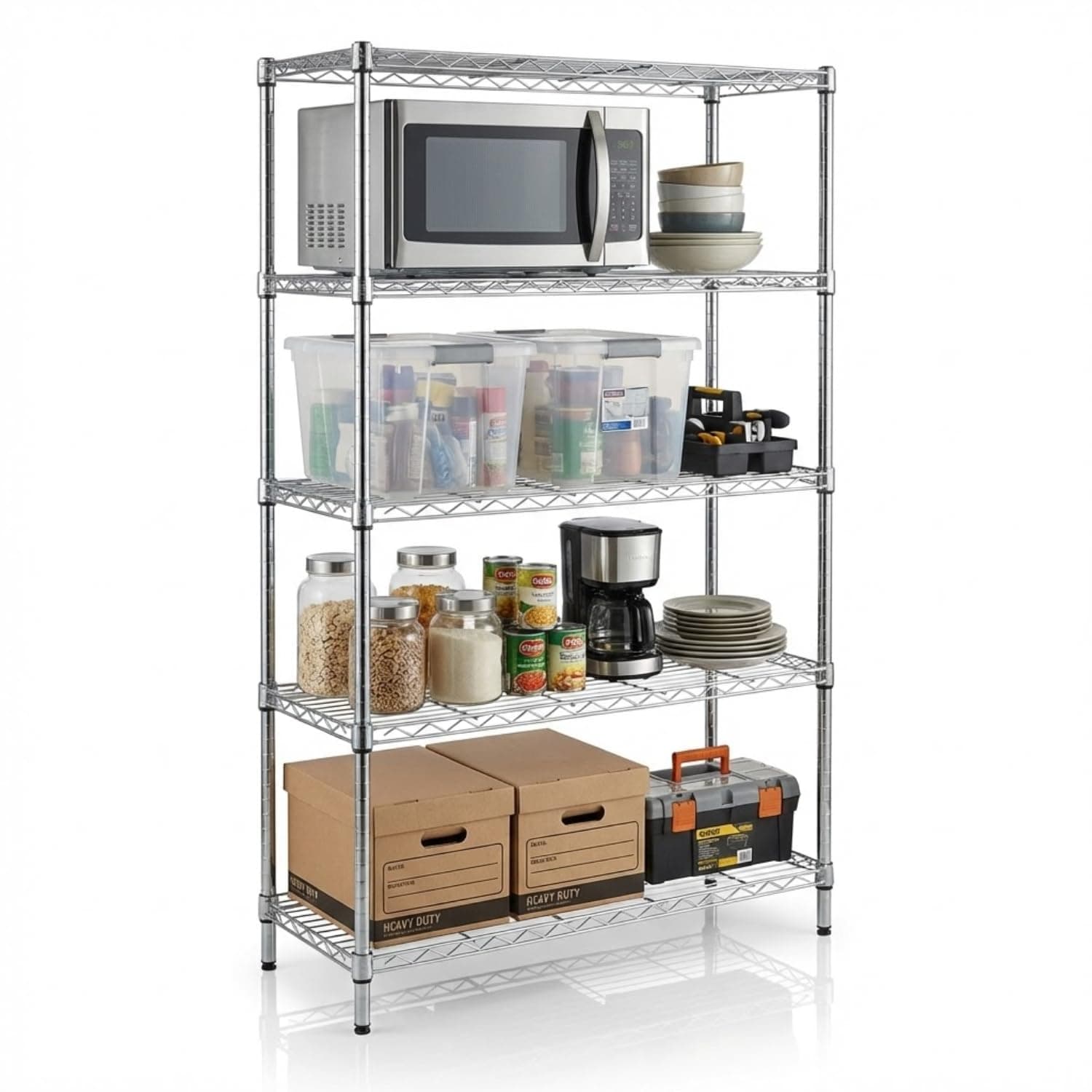 STORACK 5-Tier Industrial Heavy Duty Storage Rack | Extra Tall 185cm Height | 500kg Load Capacity | Tool-Free Assembly | Adjustable Shelves | Chrome Finish | Shop, Garage & Godown Storage Solution