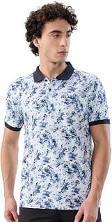 Parx Men's Regular Fit Print Pattern Pure Cotton Rib Collar Polo Neck Half Sleeve Casual T-Shirt Blue