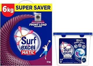 Surf Excel Matic Front-Load Detergent Powder 4 kg- For Front Load Washing Machines & Surf Excel 3-in-1 Smart Shots Liquid Detergent For Front Load & Top Load Washing Machines COMBO