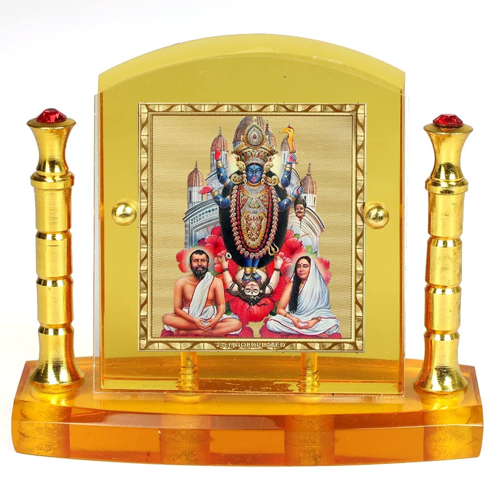 Eknoor Gold Plated Ramakrishna Paramhansa Kali Ji for Home & Car Dashboard | 24 Carat Gold Plated Foil God Idol on Acrylic Pillar Base for Puja Ghar, Office Desk | 9.5x9 CM