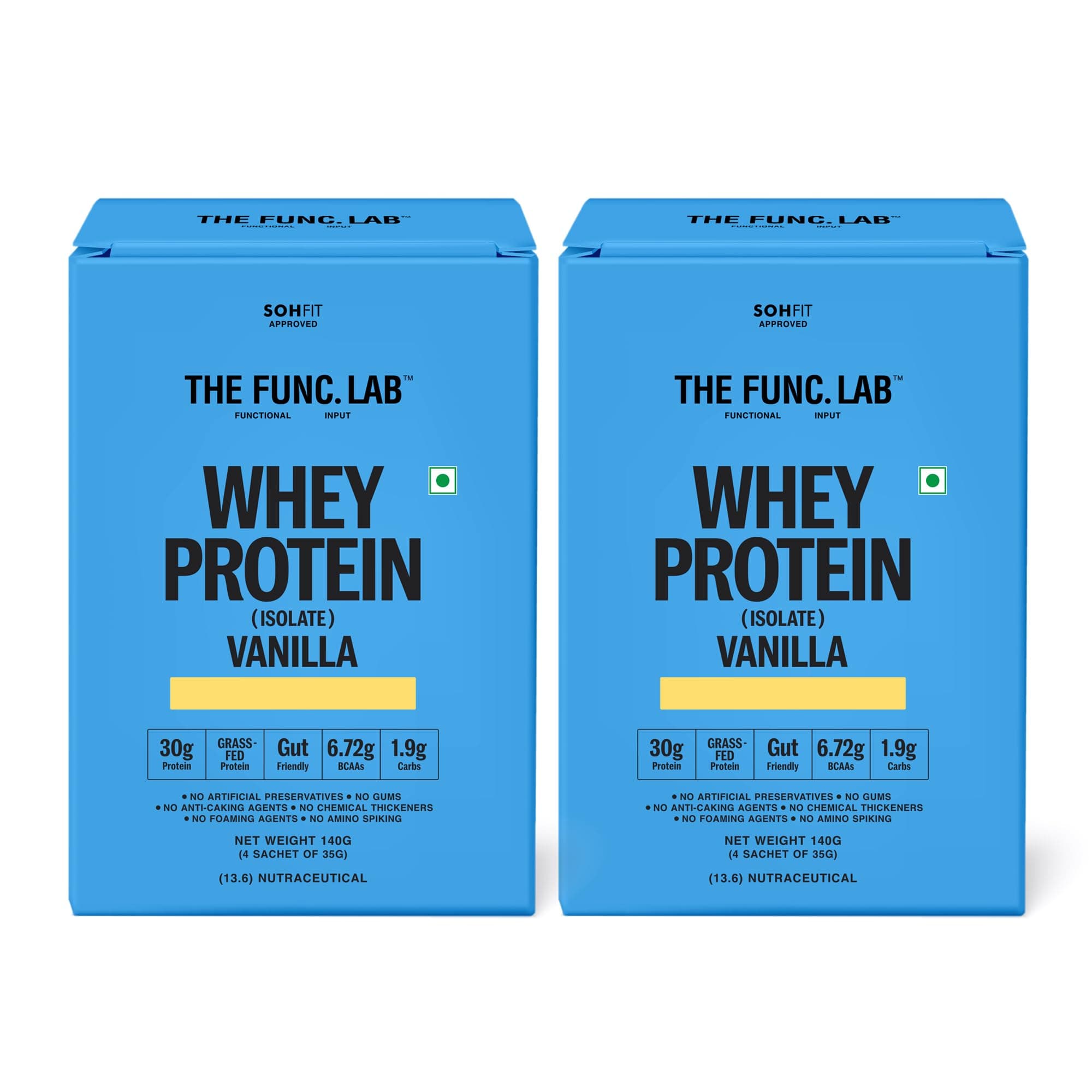 The Func. Lab Whey Protein Isolate - Vanilla Travel Packs | (4 * 35g Sachets) Pack of 2 | Grass‑Fed, 30g Protein per Scoop | High Protein Supplement with Digestive Enzymes for better Absorption