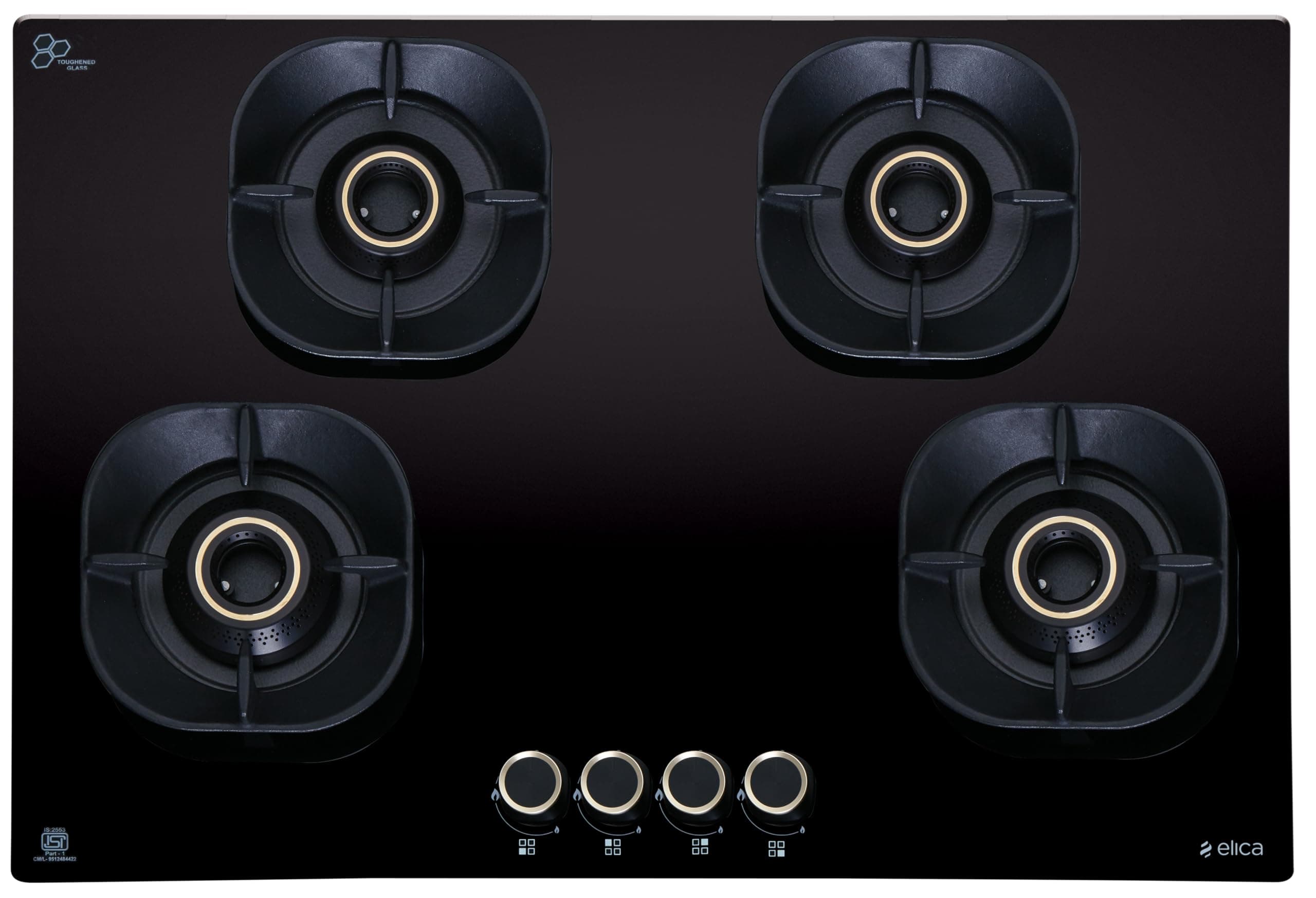 Elica 75cm 4 Burner Auto Ignition Hob | CROWN FLEXI 475 LOTUS IND HD BRASS | SABAF Triple Ring Brass Burners | 8mm Toughened Glass | Windshield Grid | 10-Year Burner Warranty