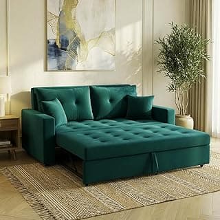 FURNY Tressa 2 Seater Fabric Pull-Out Sofa Cum Bed (Tealish Green) - Premium Velvet Finish - Durable Comfort - Ideal for Living Room