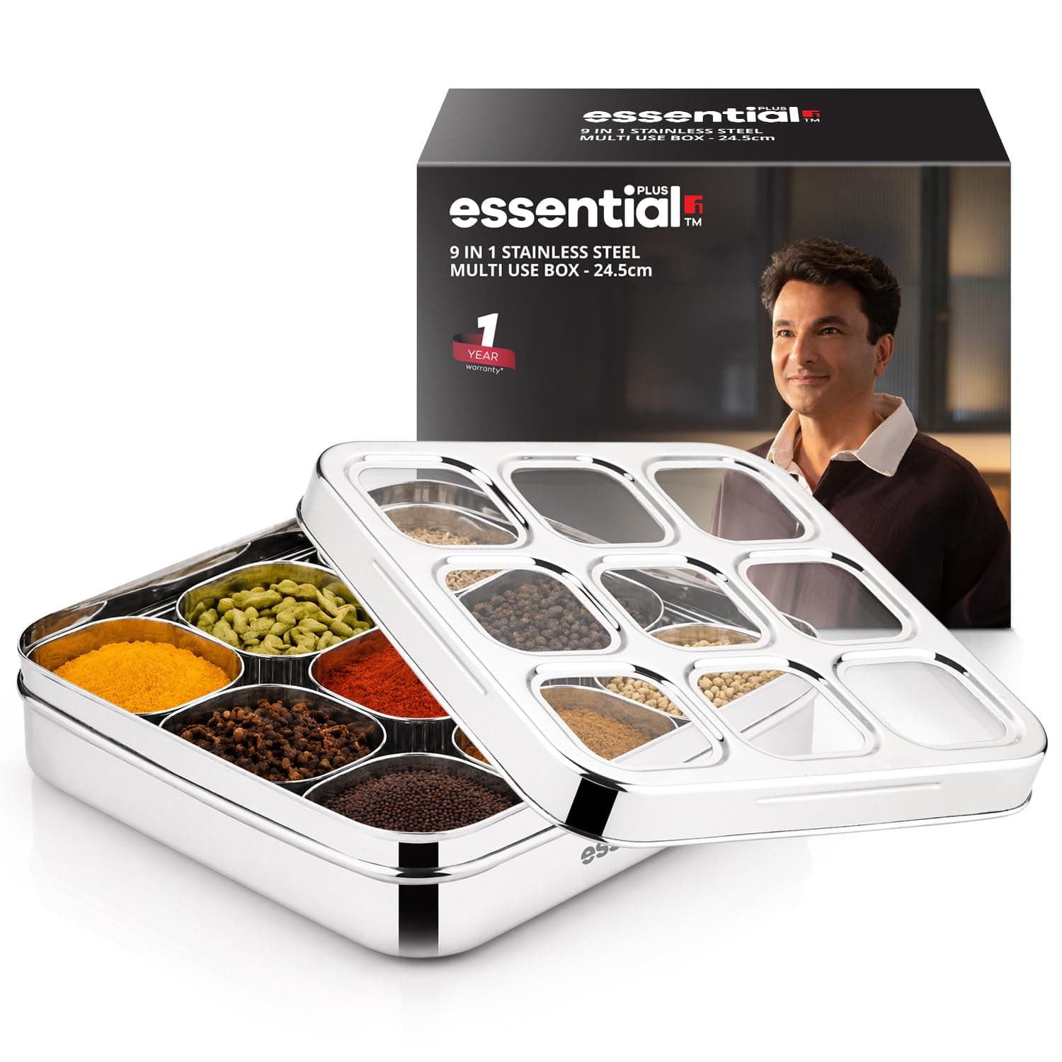 Essential Plus Stainless Steel Multi Use Box, 24cm (150ml), See Through Lid, 9 in 1 Masala Dabba / Spice Box for Kitchen, Square Shape Spice Organizer / Masala Dani with 9 Containers, Easy to Clean