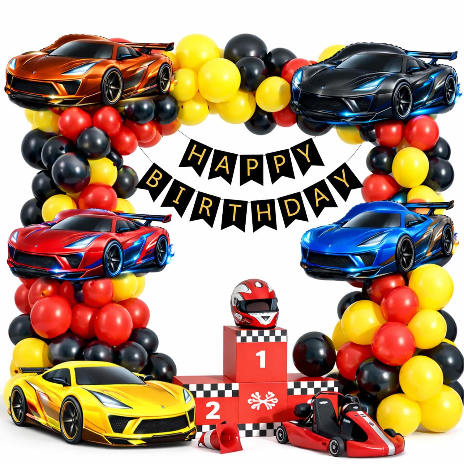 Rozi Decoration Car Theme Birthday Decoration Kit with Happy Birthday Paper Banner, Racing Car Printed Foil Balloons & Latex Balloons – Pack of 68 Pcs Car Birthday Decoration Items