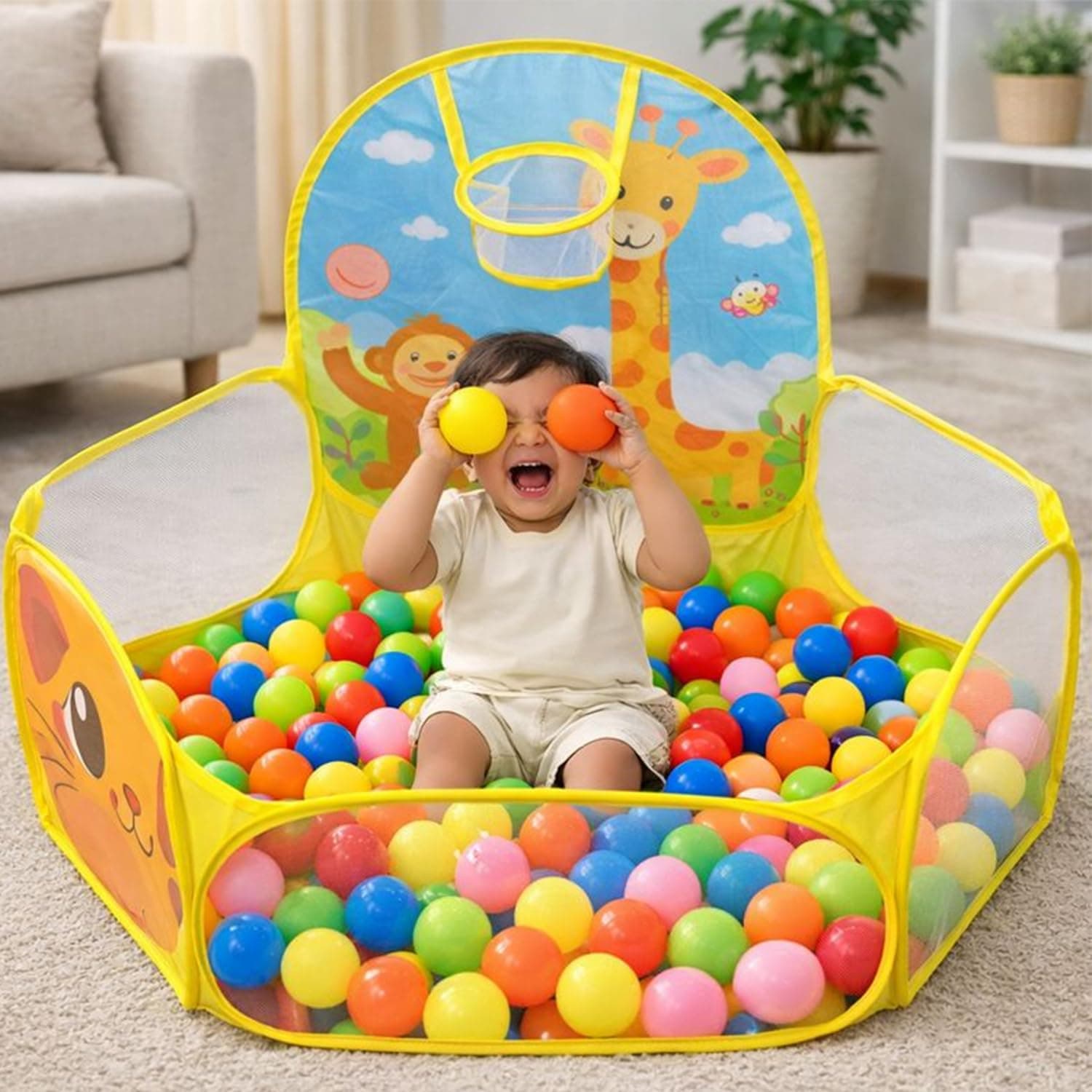 BabyGo Kids Giraffe Basketball Ball Pool for Kids, Play Tent House for 2+ Year Old Girls and Boys, Ball Pit for Kid, Spacious, Lightweight, Portable & Easy to Set Up, (Yellow) (30 Balls)