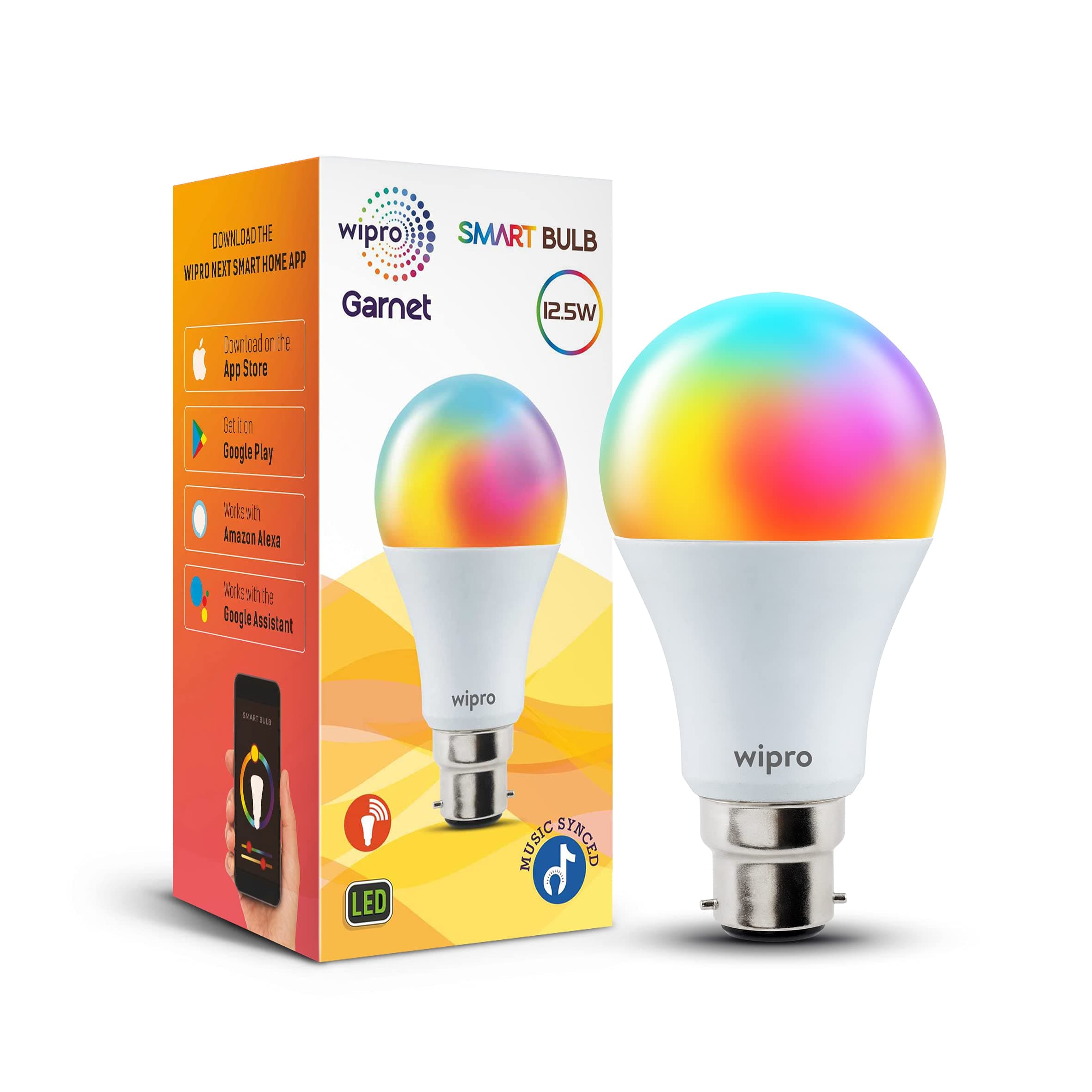 wipro B22 12.5W Wi-Fi Smart LED Bulb with Music Sync for Amazon Alexa & Google Assistant (Pack of 1, Multicolor)
