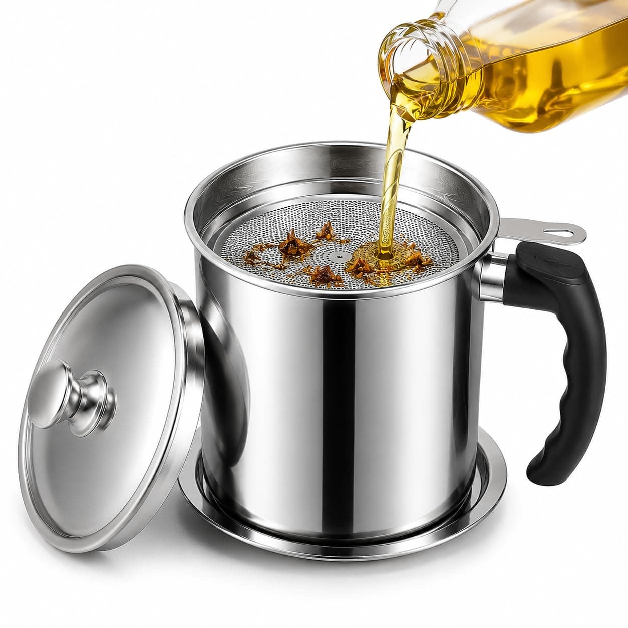 BLIXCOM Oil Strainer Pot Grease Can - Stainless Steel Cooking Grease Container,Reuse Oil Storage (Best Oil Shaver) Can Container with Removable Filter Anti-Scalding Handheld, Lid for Cooking Oil -1.5L