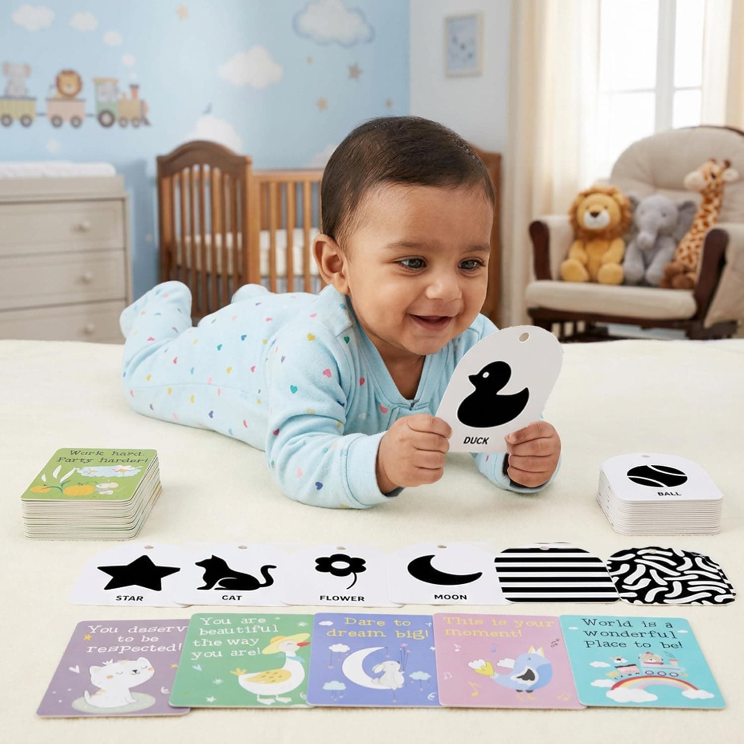 Amazon Brand - Supples Baby Monthly Milestone Cards (28 Pieces) & baby high contrast cards with ring binder & cloth tag (20 pcs), 0–12 Months Growth Tracker, Baby Photo Props & Keepsake Gift Multicolor