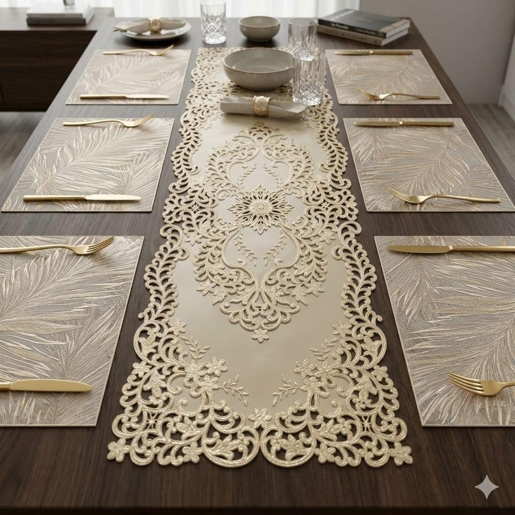 Placemat Set with Table Runner Combo for Dining Table Home Kitchen Everyday Use Table Mat Set for Dining Decoration (Fern Table mat + roal Victoria Table Runner, Pack of 7 (6+1))