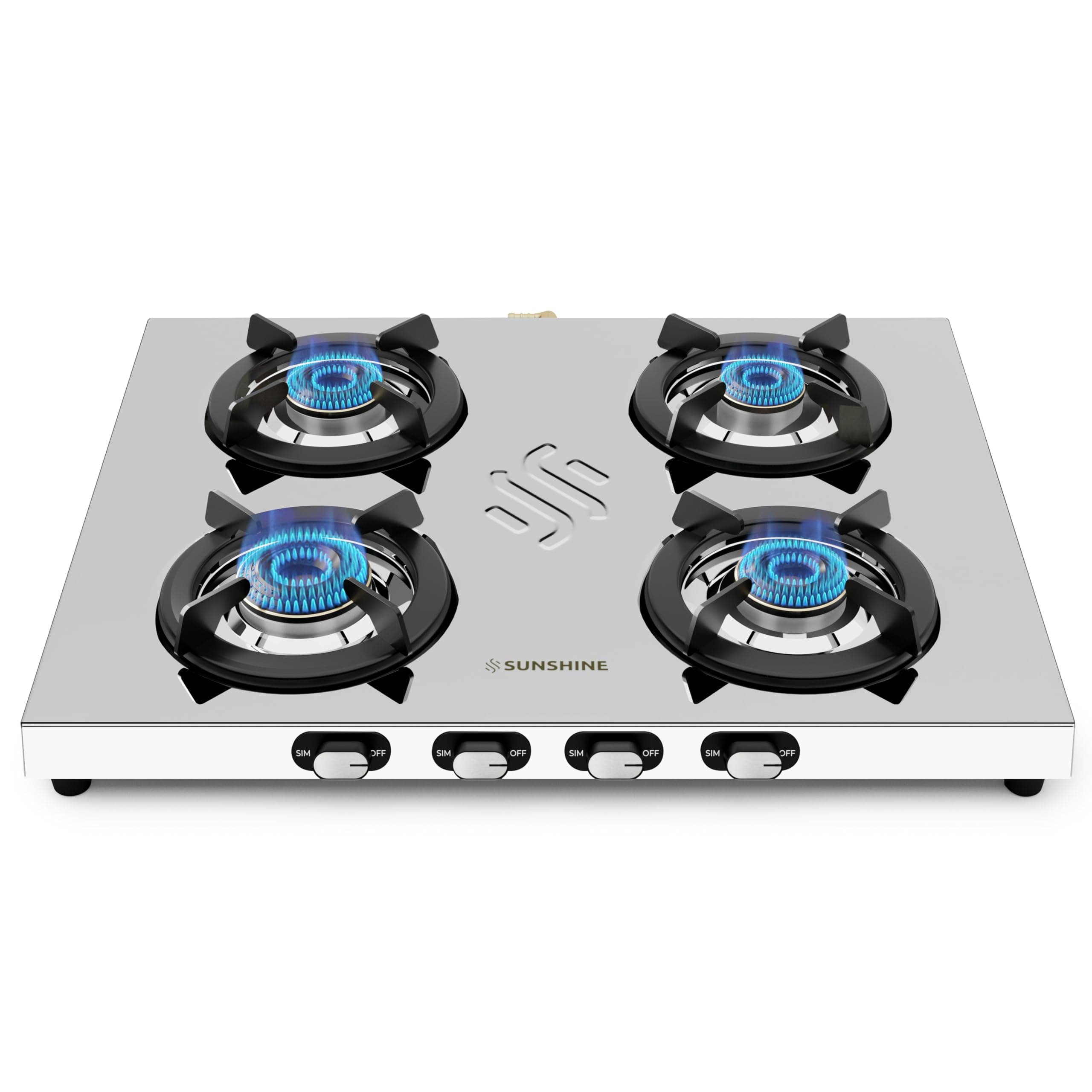 Sunshine Falcon 4 Burner | Ultra Slim 4 Burner Stainless Steel Gas Stove | Ergonomic Knob, Brass Burner, 5G Technology | Manual Ignition, LPG Ready & PNG Compatible (Silver)