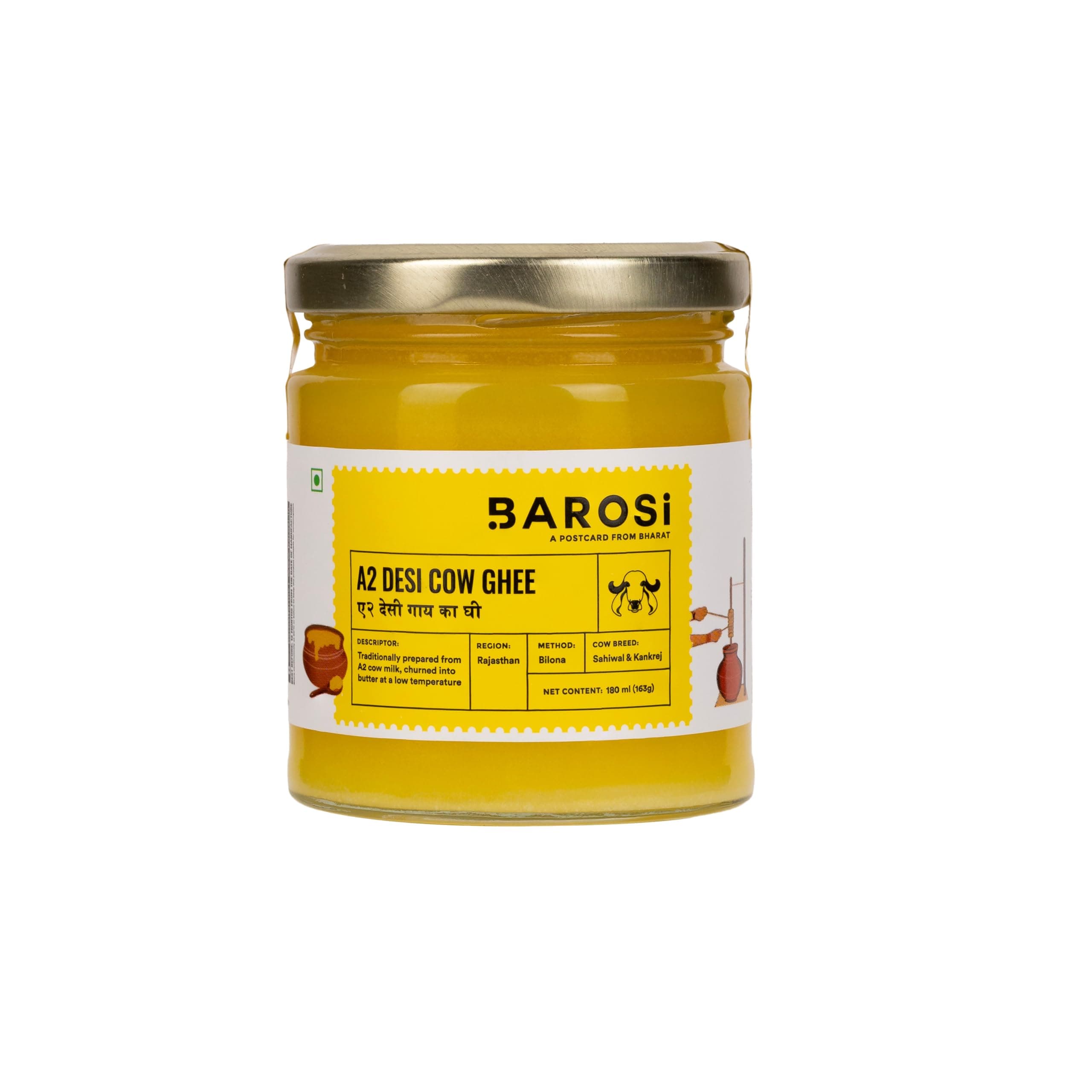 BAROSI A2 Desi Cow Ghee 180ml | Lab Tested | Grass-Fed | Bilona | Glass Jar
