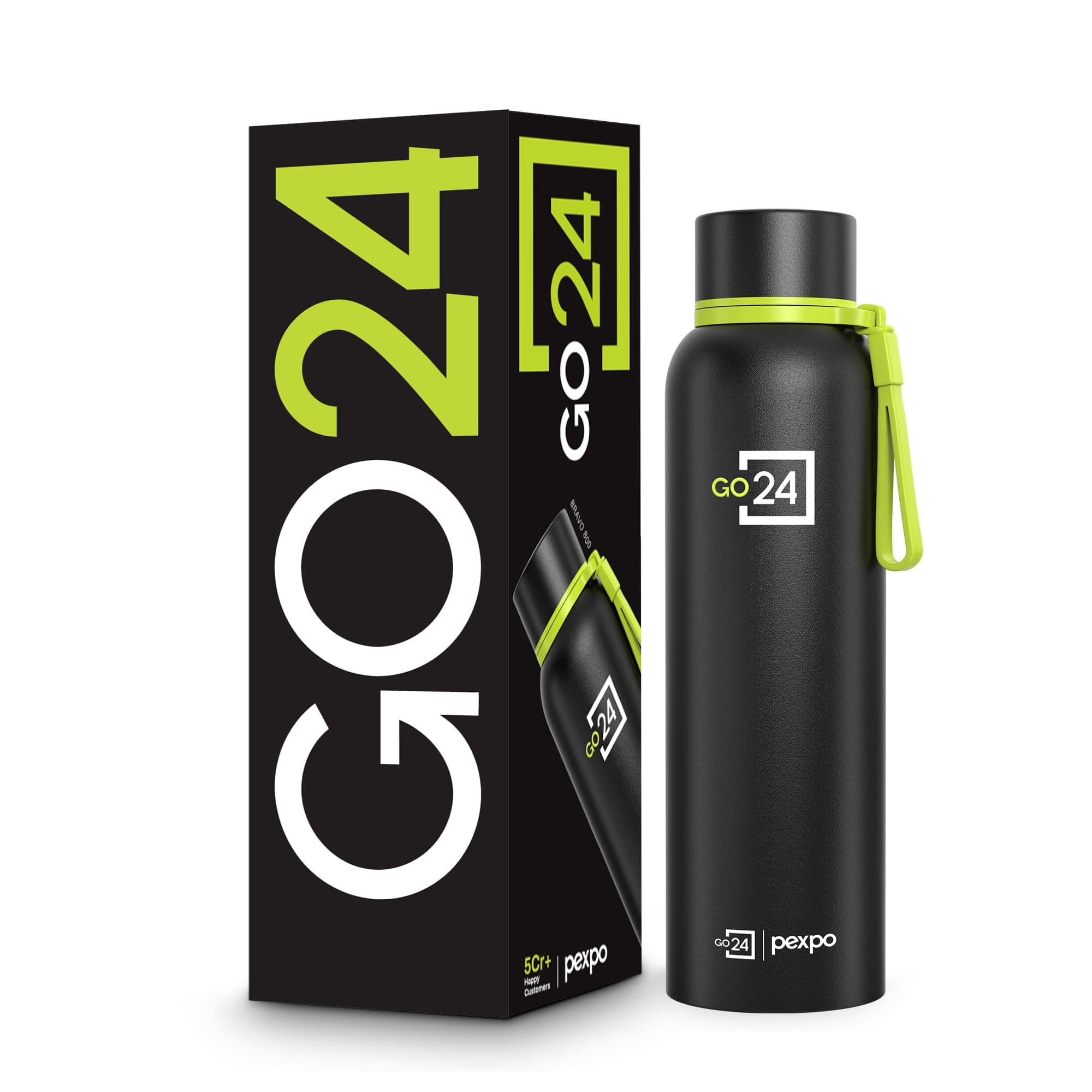 Go24 pexpo Water Bottle 700ml Stainless Steel | Hot and Cold Flask | ISI Certified Steel Bottle | Three Layer Insulation | Leakproof | for Home, Office | 2-Year Warranty |Bravo| Knight Black