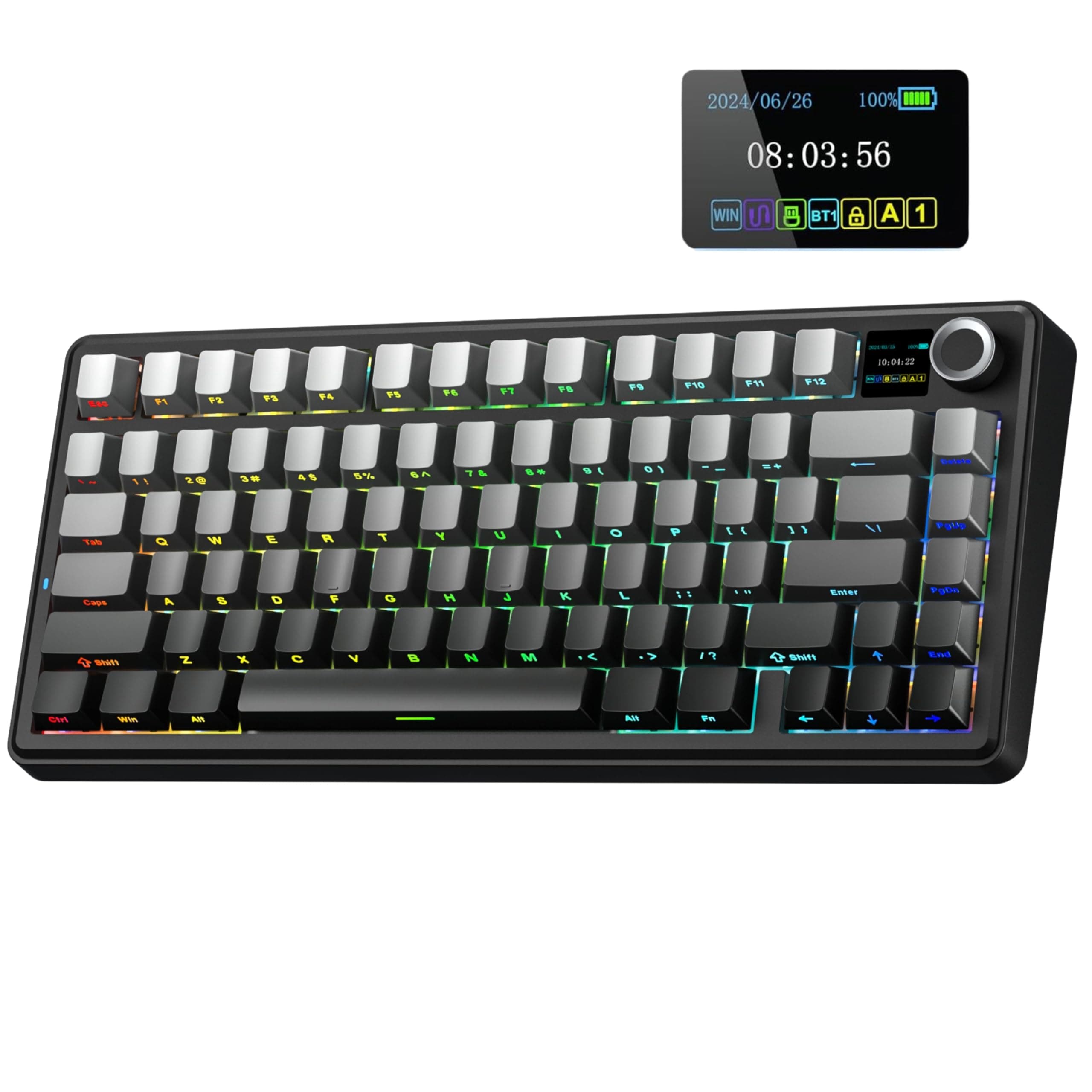 Aula F75 MAX Side-Engraved Keycaps 3 in 1 Mechanical Gaming Keyboard in 75% Layout with TFT Screen and Knob, Hot Swappable, RGB Backlight, for PC/Mac/Linux | Gradient Gray, Reaper Switch (F75MaxGrR)