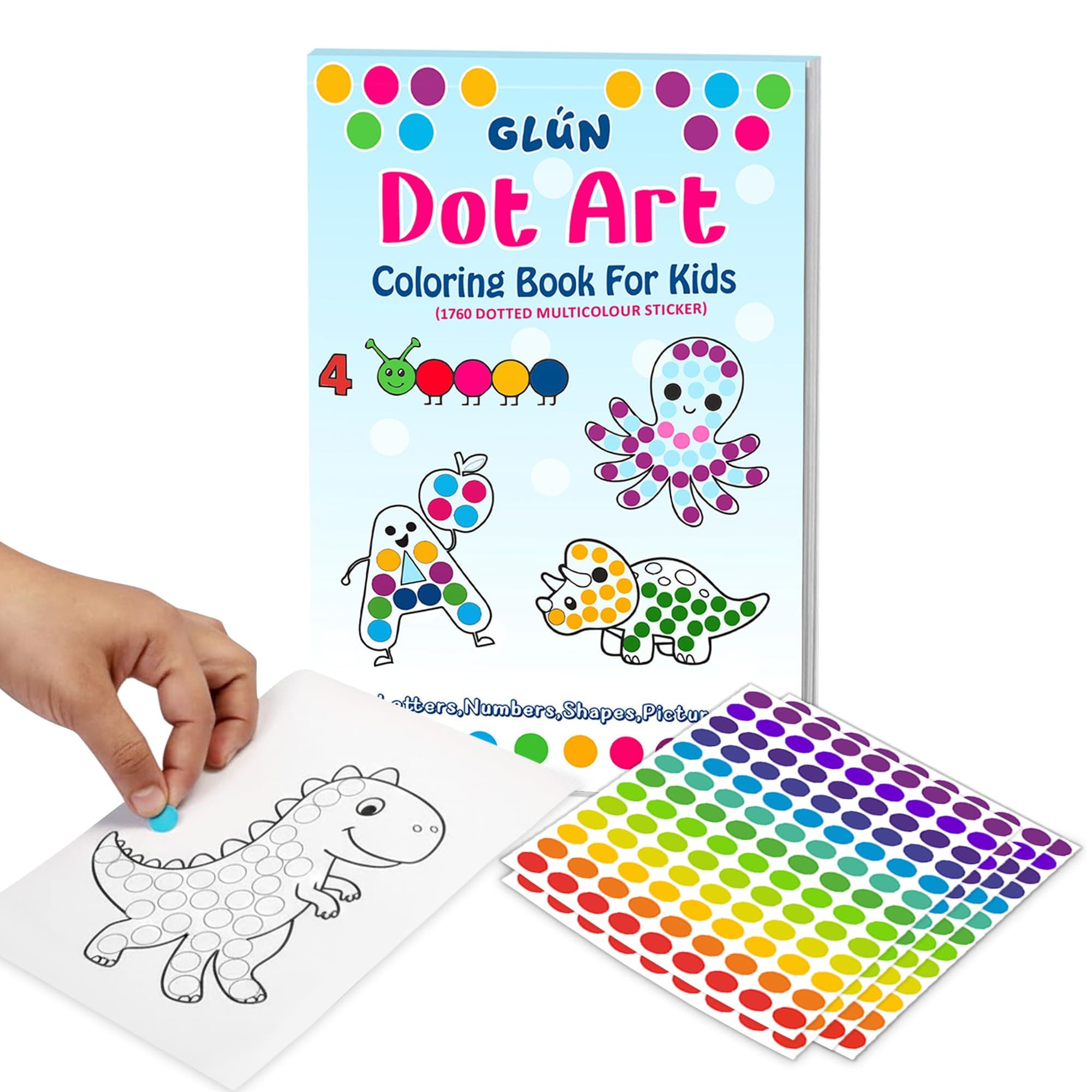 GLUN® Dot Stickers for Kids Activity Book – 1750+ Round Color Stickers | ABC, 123, Animals & Vehicles | Craft, Reward Chart, Journaling & School Activities | Birthday Return Gift for Kids