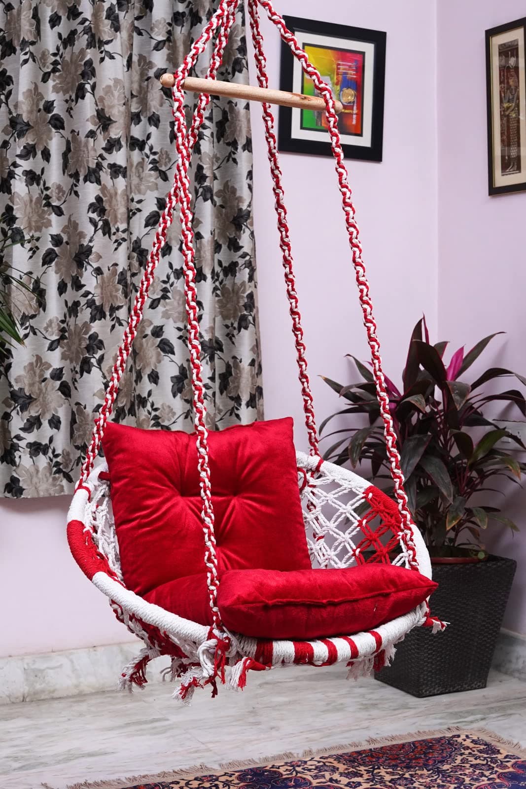 Patiofy Adult Swing for Living Room/Balcony - Cotton Large Round Hammock Hanging Chair With Red L Cushion (White-Red)