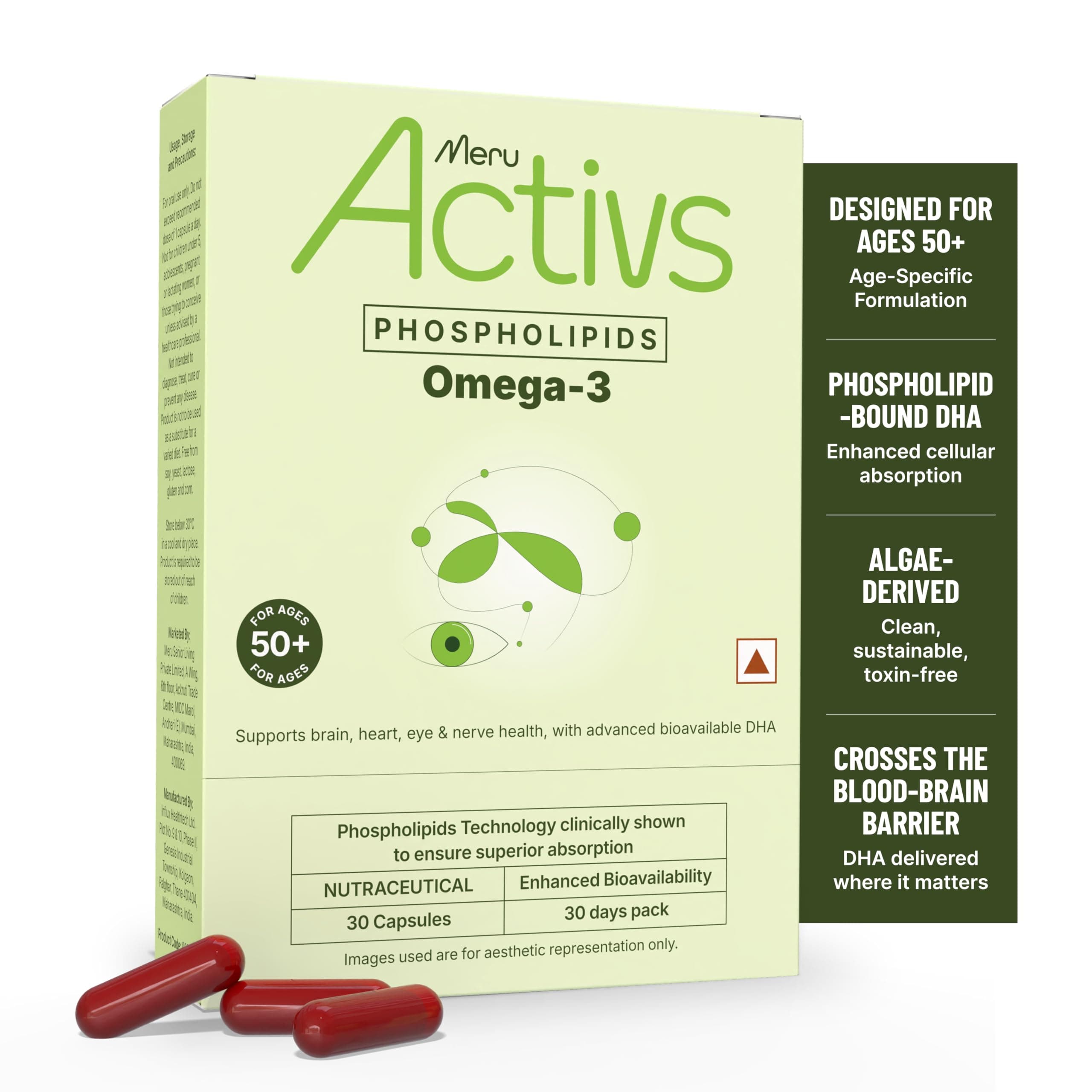 Meru Activs Phospholipids Omega 3 Supplement for Adults 50+ | Algal DHA 250 mg | Enhanced Absorption Phospholipid Formula for Brain Eye and Heart Support Capsules | 30 Capsules