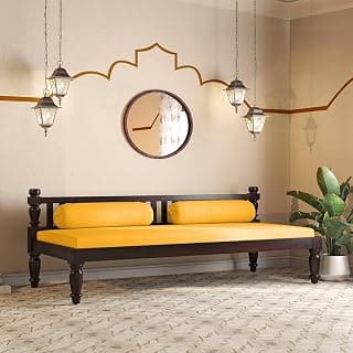 Urban Ladder Emma Diwan in Mahogany Finish with Matte Mustard Yellow Fabric Colour