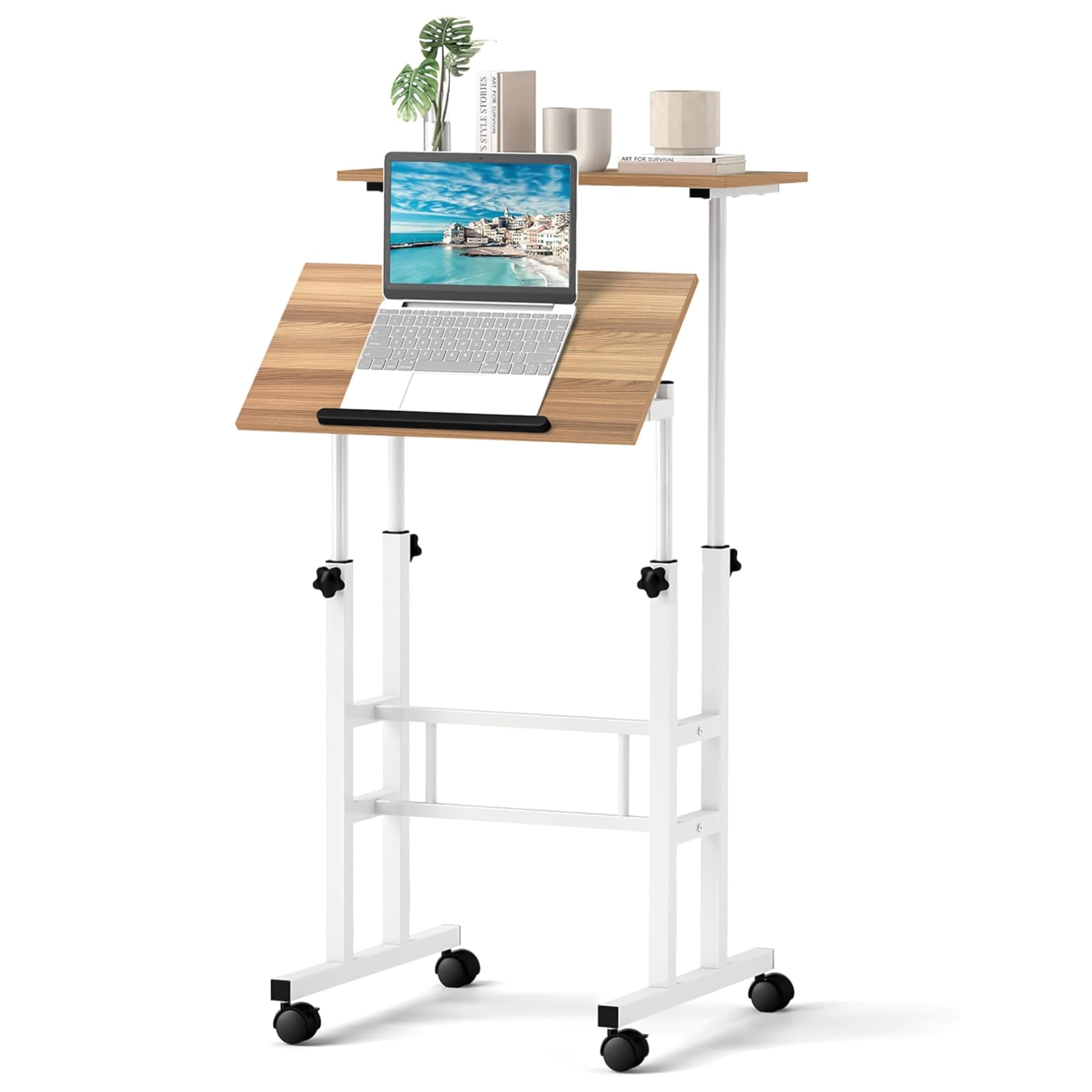 Livzing Height Adjustable Lapdesks with Locking Wheels-Wooden Multi-Purpose Laptop Table-Desktop Table for Office, Home with Angle Adjustable Keyboard Tray- Movable Computer Desk-White