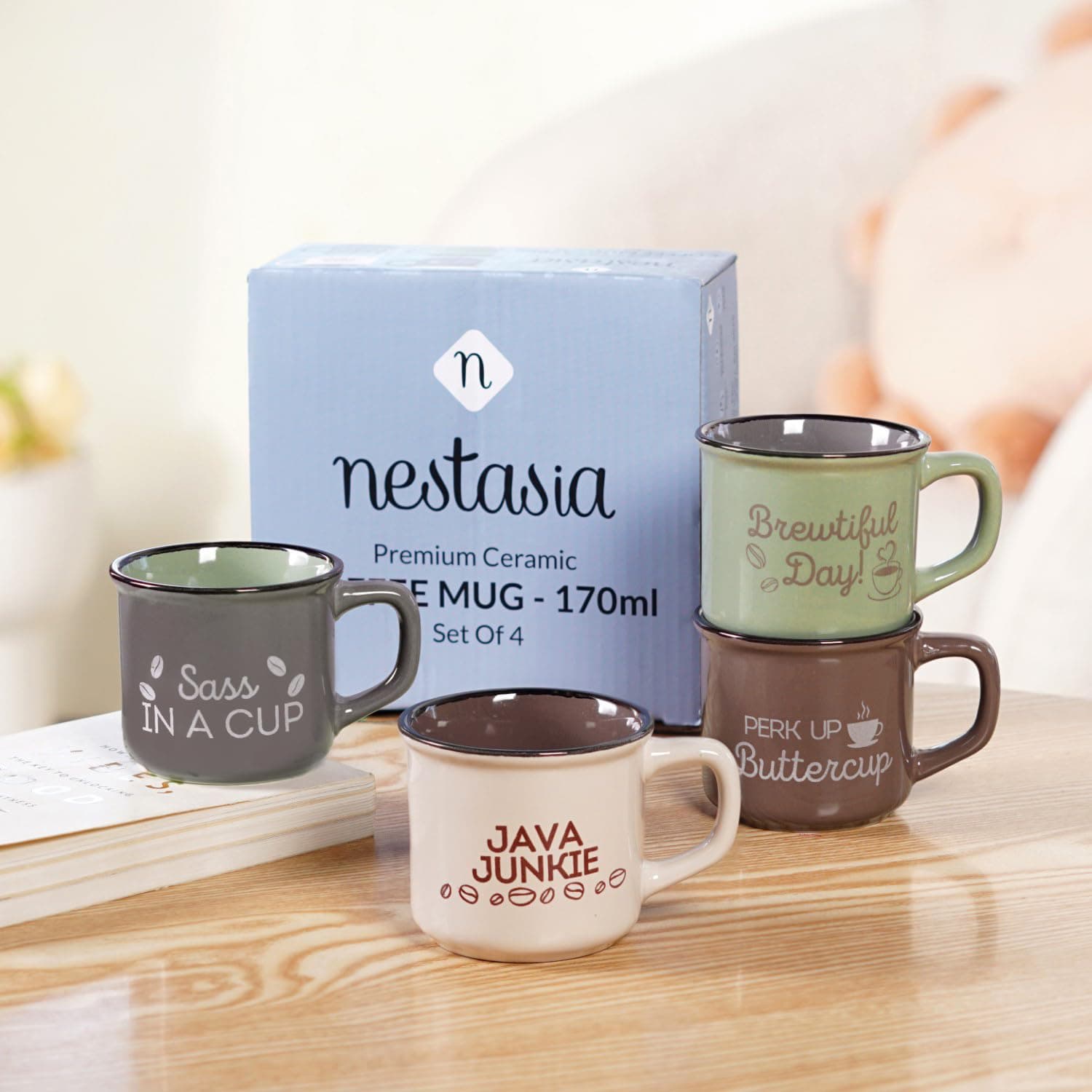 Nestasia Ceramic Stackable Cups Set of 4 (170ml Each) - Quirky Quotes Tea & Coffee Cups with Glossy Finish | Microwave & Dishwasher Safe Mugs - Ideal for Gifting (Colourful)