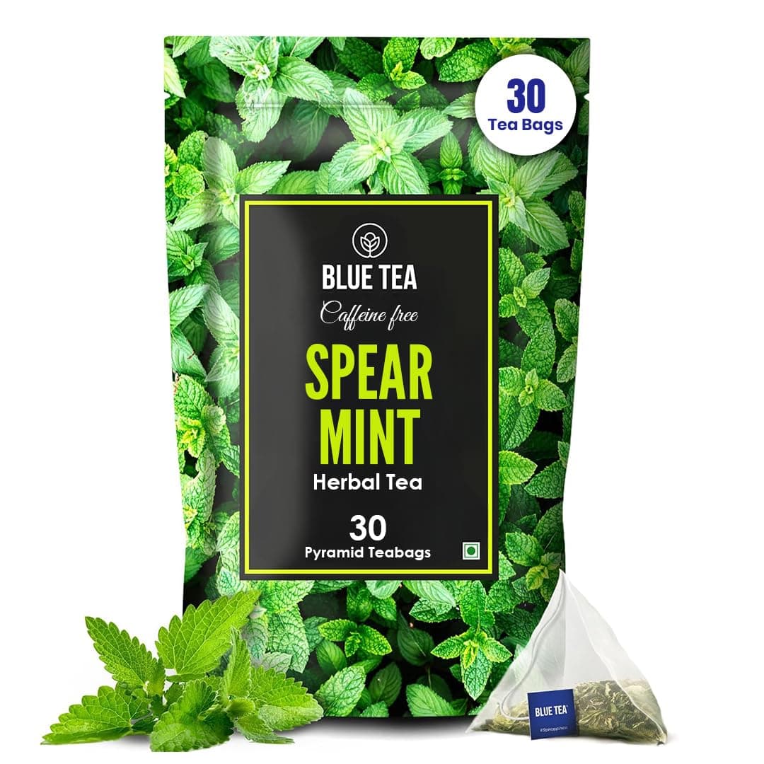 BLUE TEA - Spearmint Herbal Tea - 30 Tea Bags - Plant Based || PCOS & PMOS RELIEF || Supports Digestion | Balances Hormones | Reduces Facial Hair | Herbal Tea - Caffeine Free | Zipper Packaging