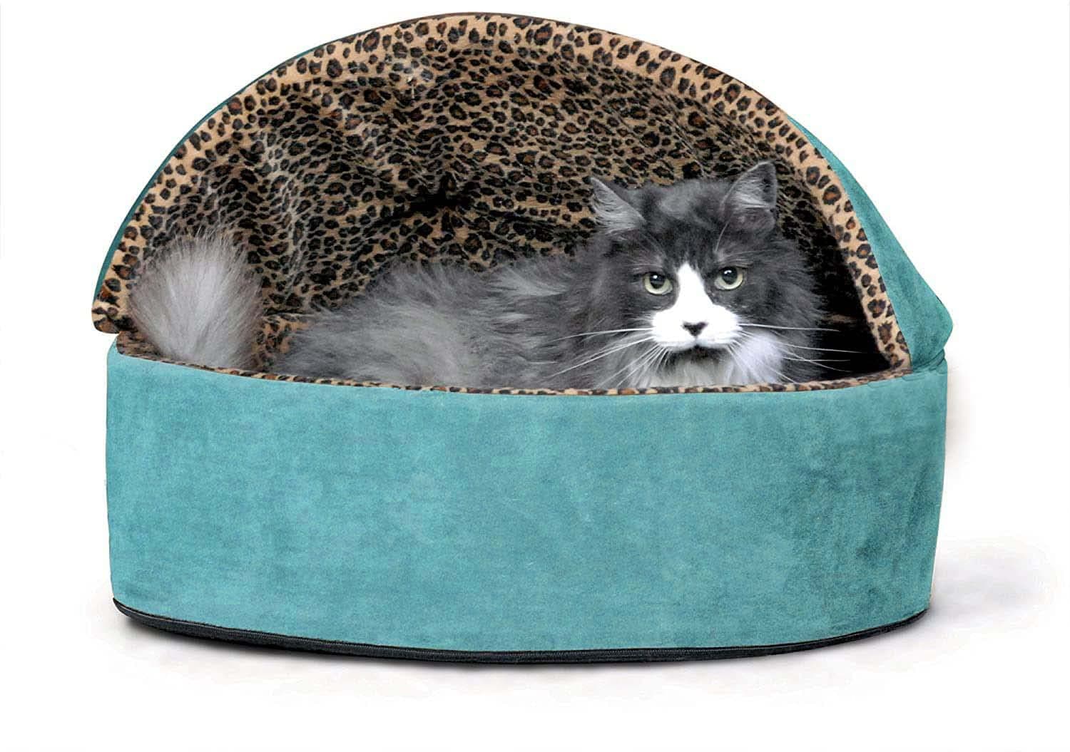 AMICA Luxurious PET Products Thermo-Kitty Deluxe Hooded Dog and Cat Bed, Colour Leopard Sky Size Small