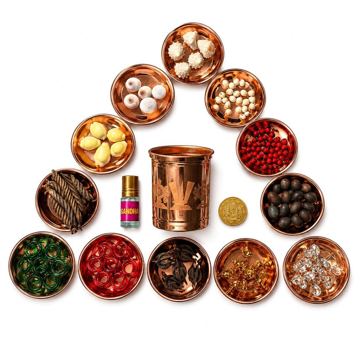 JaiRaj Collections Complete Vara Laxmi Complete Pooja Kit with Kubera Kuncham Glass, Kubera Coin, Javadu Attar, Kamalgatta, Gomati Chakra, Laxmi Cowrie, Gunji Seeds, Bangles, 5 Pieces Each