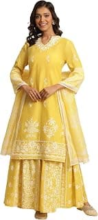 W for Woman Women Cotton Festive Floral Print Kurta With Sharara & Dupatta