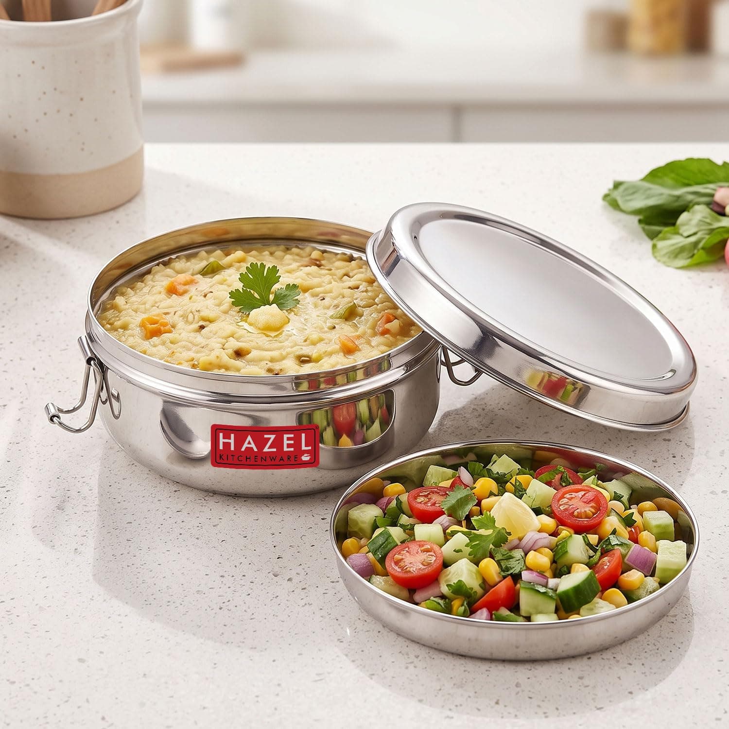 HAZEL Steel Tiffin Box for Office | 500 ml Stainless Steel Lunch Box with Inner Plate | Traditional Glossy Finish Steel Dabba | Compact Leak-Resistant Box