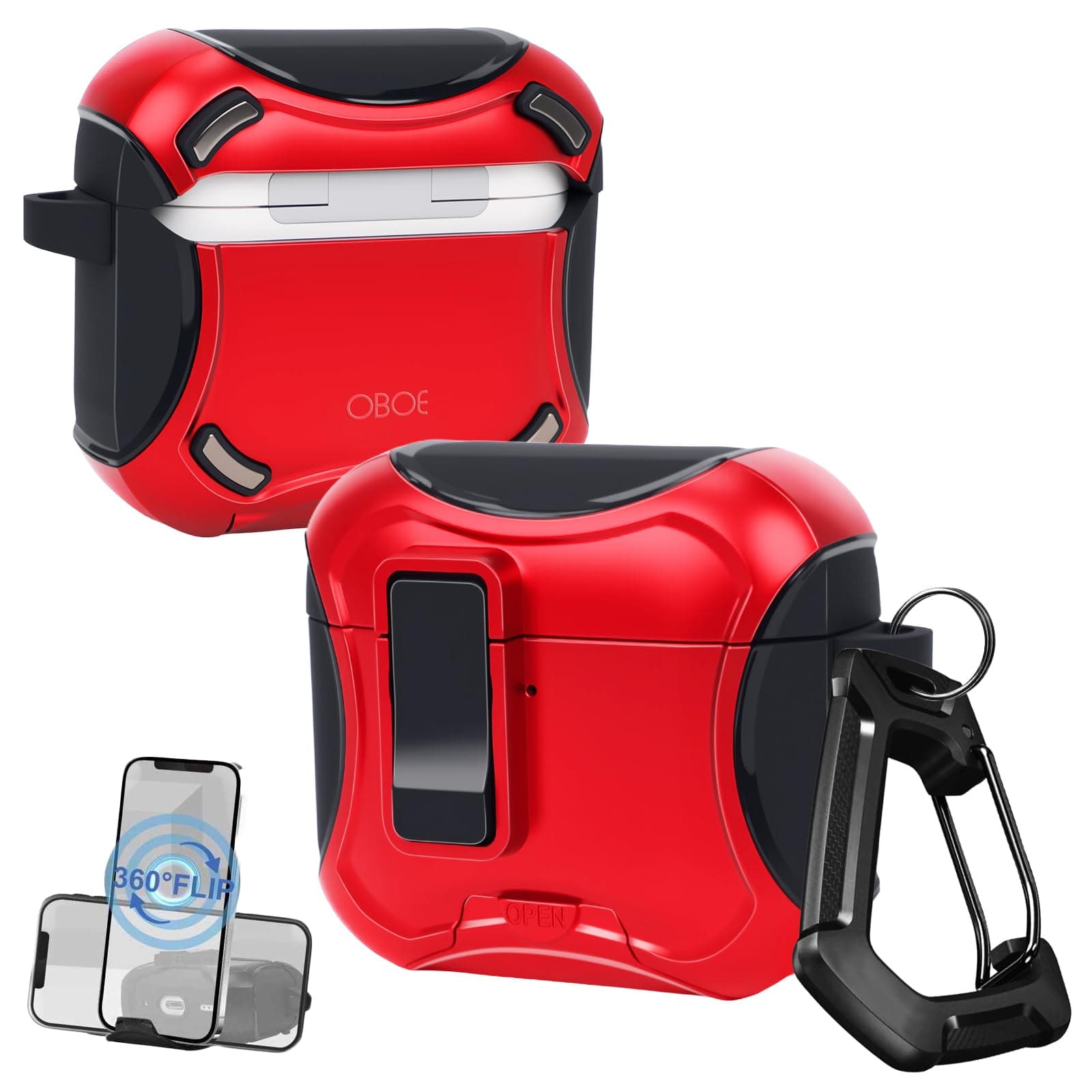 Oboe TPU Case 'Compatible with' Apple Airpods 4 Case with Phone Stand, Secure Lock Clip & Keyring (Red-Black) [Airpods & Charging Case NOT Included]