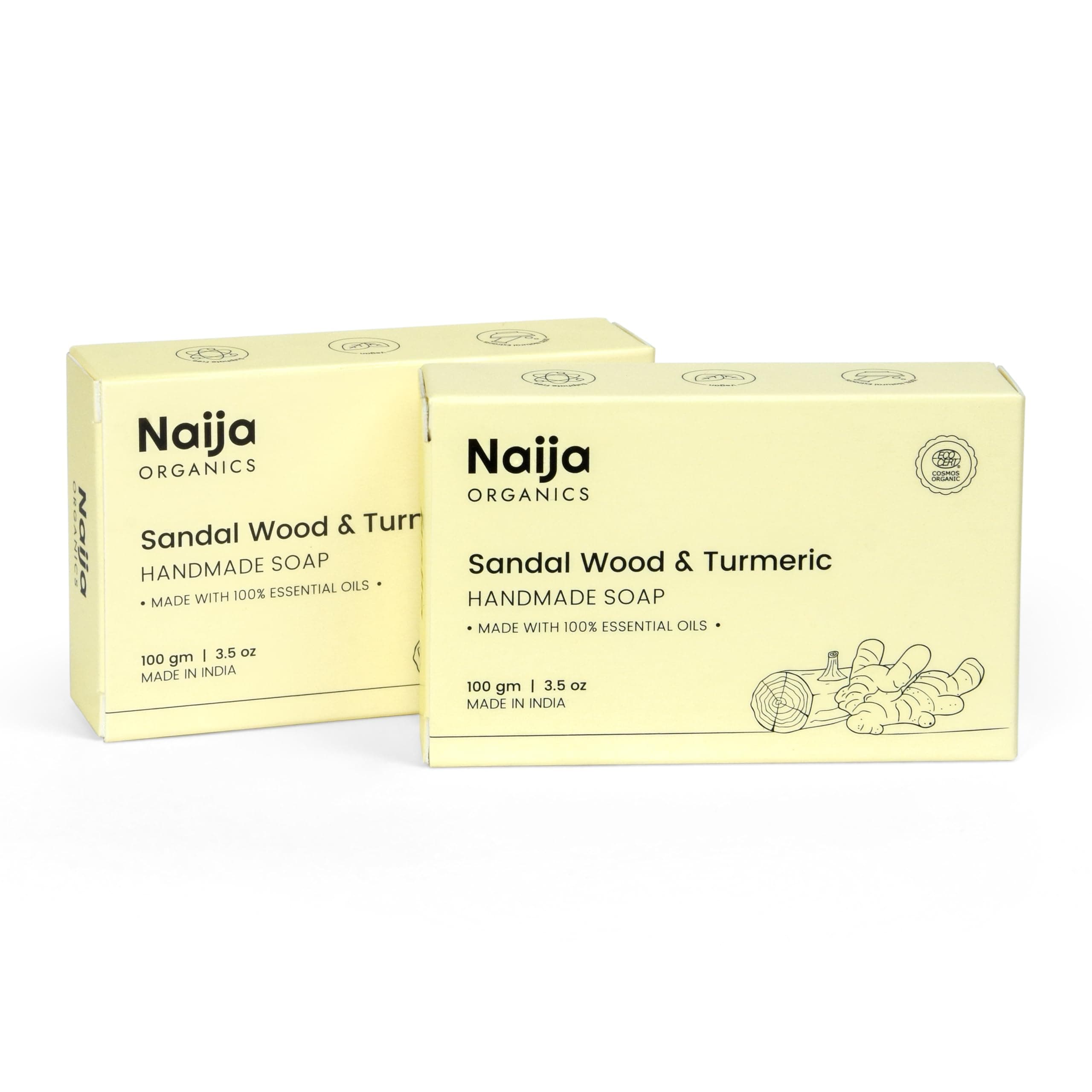 Naija Organics Sandalwood & Turmeric Natural Bath Soap | Skin Brightening, Deep Moisturizing, Chemical-Free, Handmade Soap| Haldi & Chandan | For Men & Women, All Skin Types, Pack of 2 (100g each)